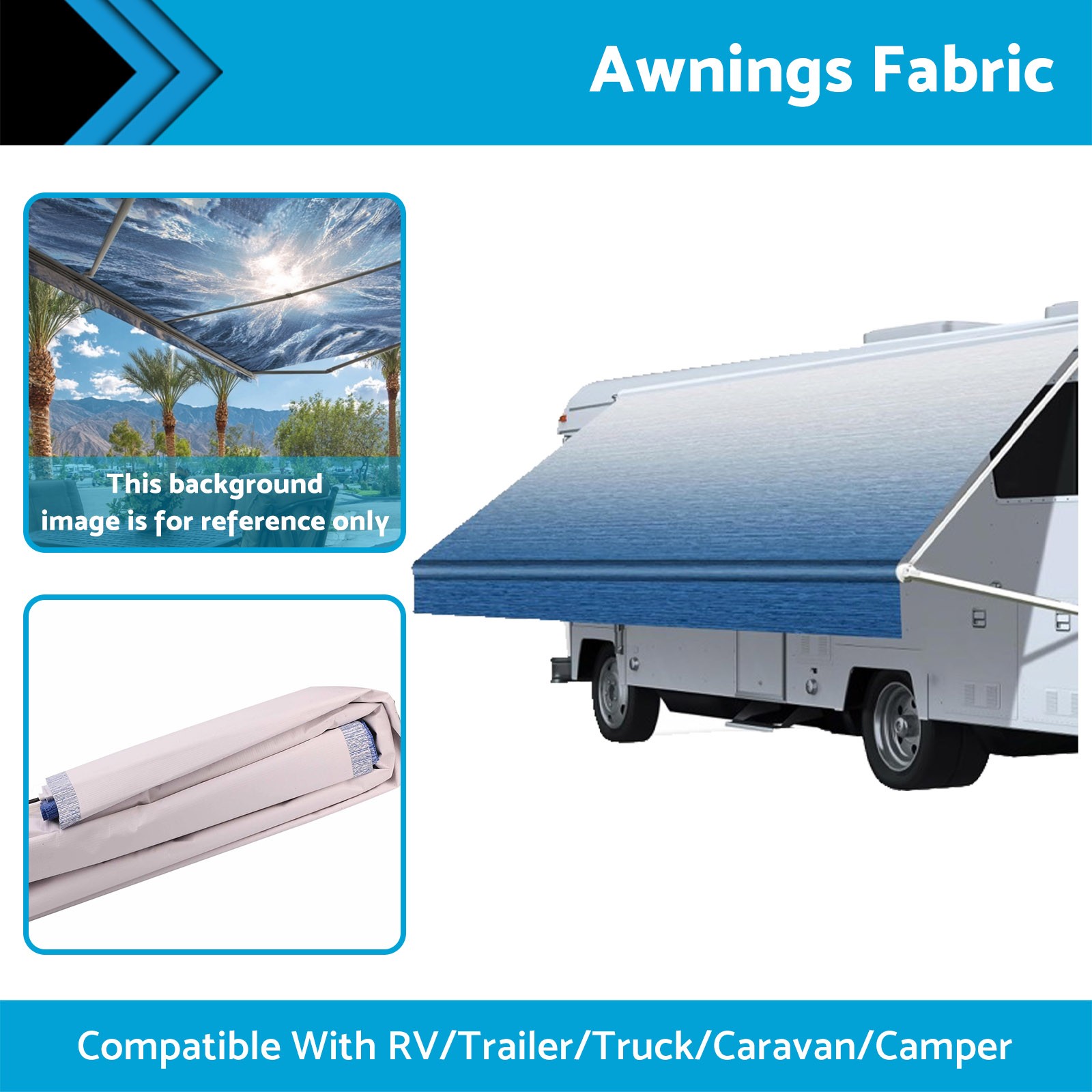 PVC Vinyl Awning Fabric Blue Fade 16FT Suitable For RV Caravan Trailer Camper