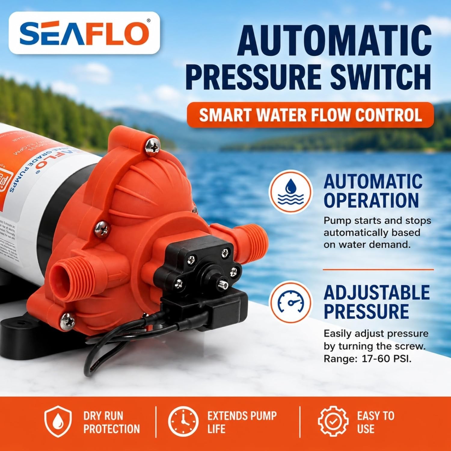 SEAFLO 33 Series Water 110V AC Pressure Pump – 115V AC, 45 PSI, Black, White