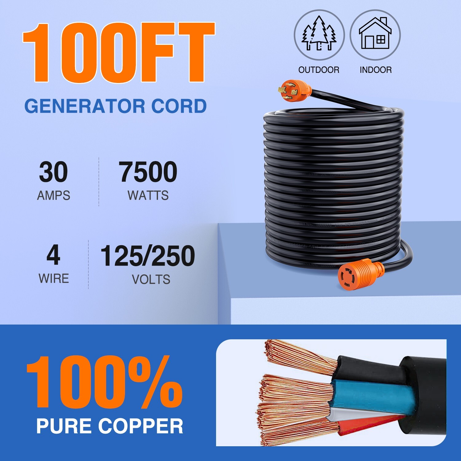 Nilight 30 Amp 100FT Generator Extension Cord 125/250V 7500 Watt 10 Gauge