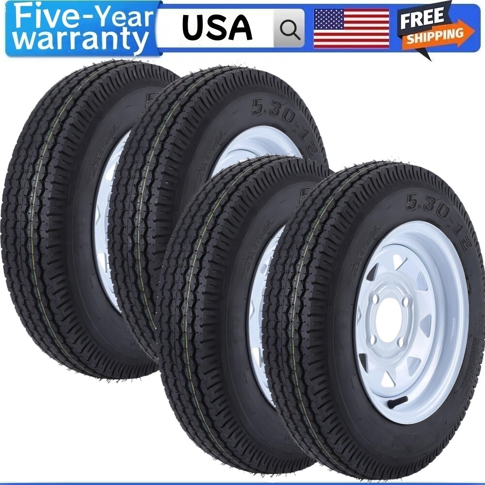 Set of 4 6PR with 12″ Rim 5.3-12 5.30×12 530-12 5.3-12 Trailer Tires 4 Lug on 4
