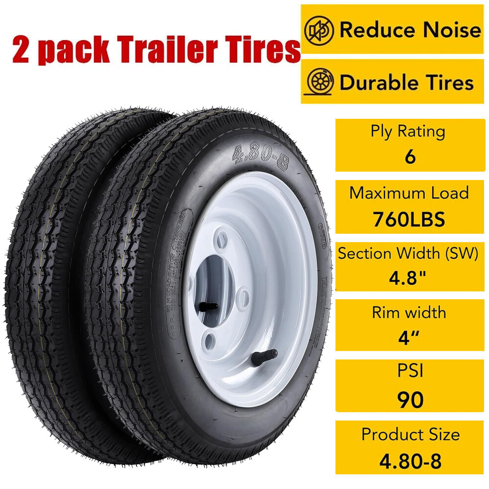 2 Pack 4.80×8 480-8 4.80-8 Trailer Tires On 8” Rim 4 Lug 6PR Load Range C 6 PLY