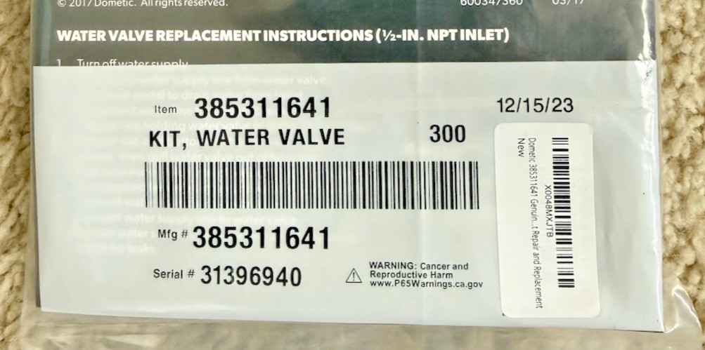 Dometic RV Toilet Flush Water Valve Kit, part #385311641 New