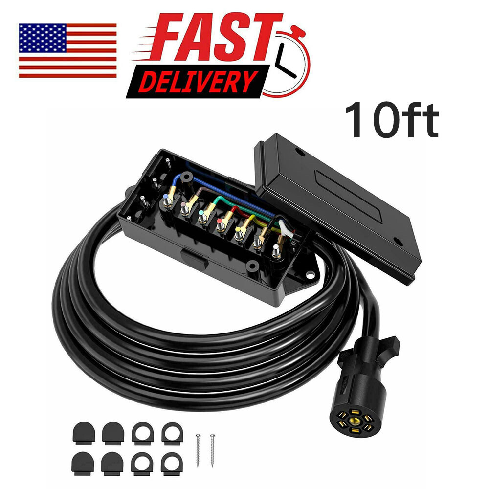 7 Way Trailer Plug Cord with 7 Gang Waterproof Junction Box Kit 10 Feet USA