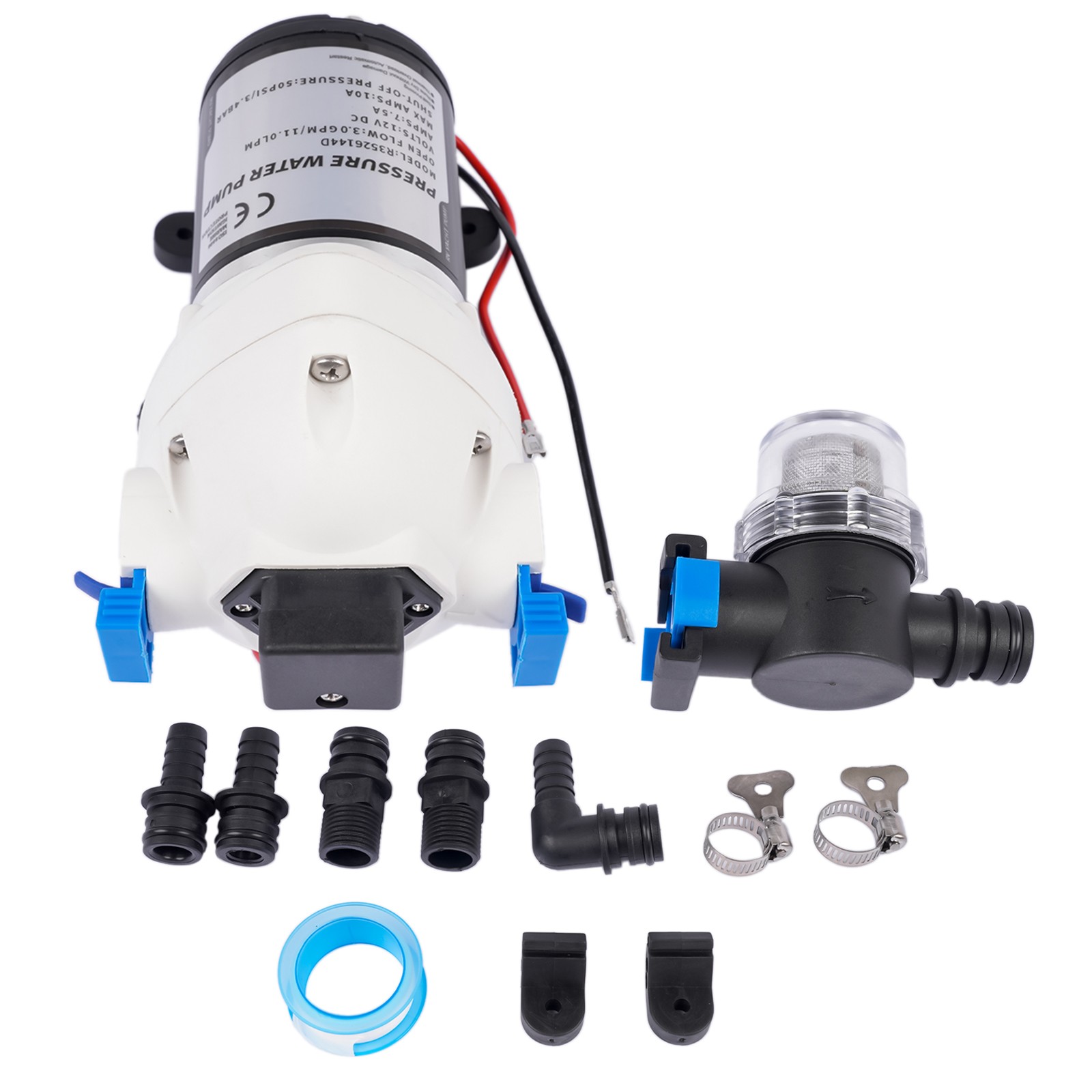 12V RV Diaphragm Water Pump 3 GPM 50 PSI R3526144D w/ Pressure Switch & Strainer