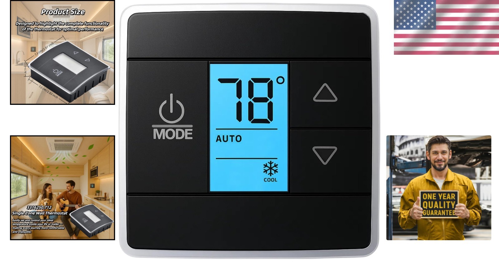 3-Wire RV Thermostat with Capacitive Touch, Heat/Cool Modes & Blue Backlight