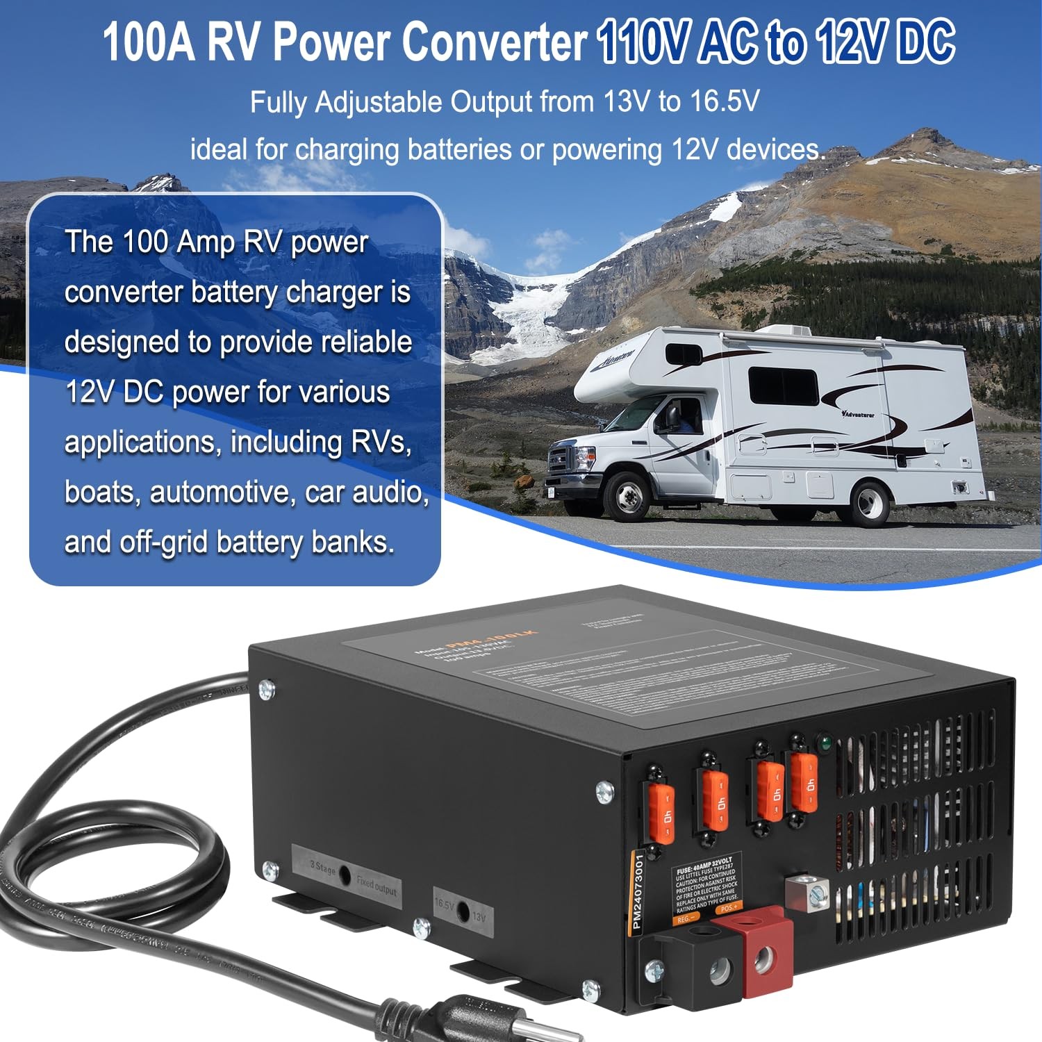 100 Amp RV Power Converter, 110VAC to 12VDC, Lithium Compatible 100A RV Power