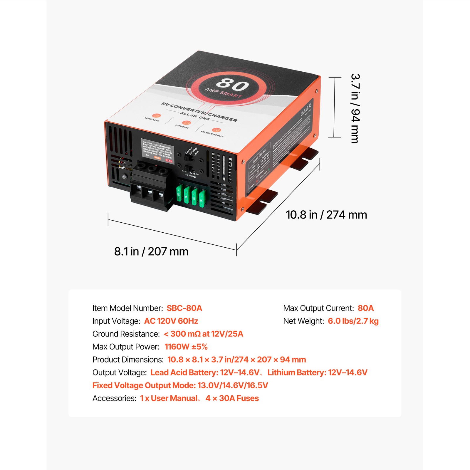 Uimoso 80 Amp RV Power Converter, 110V AC to 12V DC Battery Charger for RVs