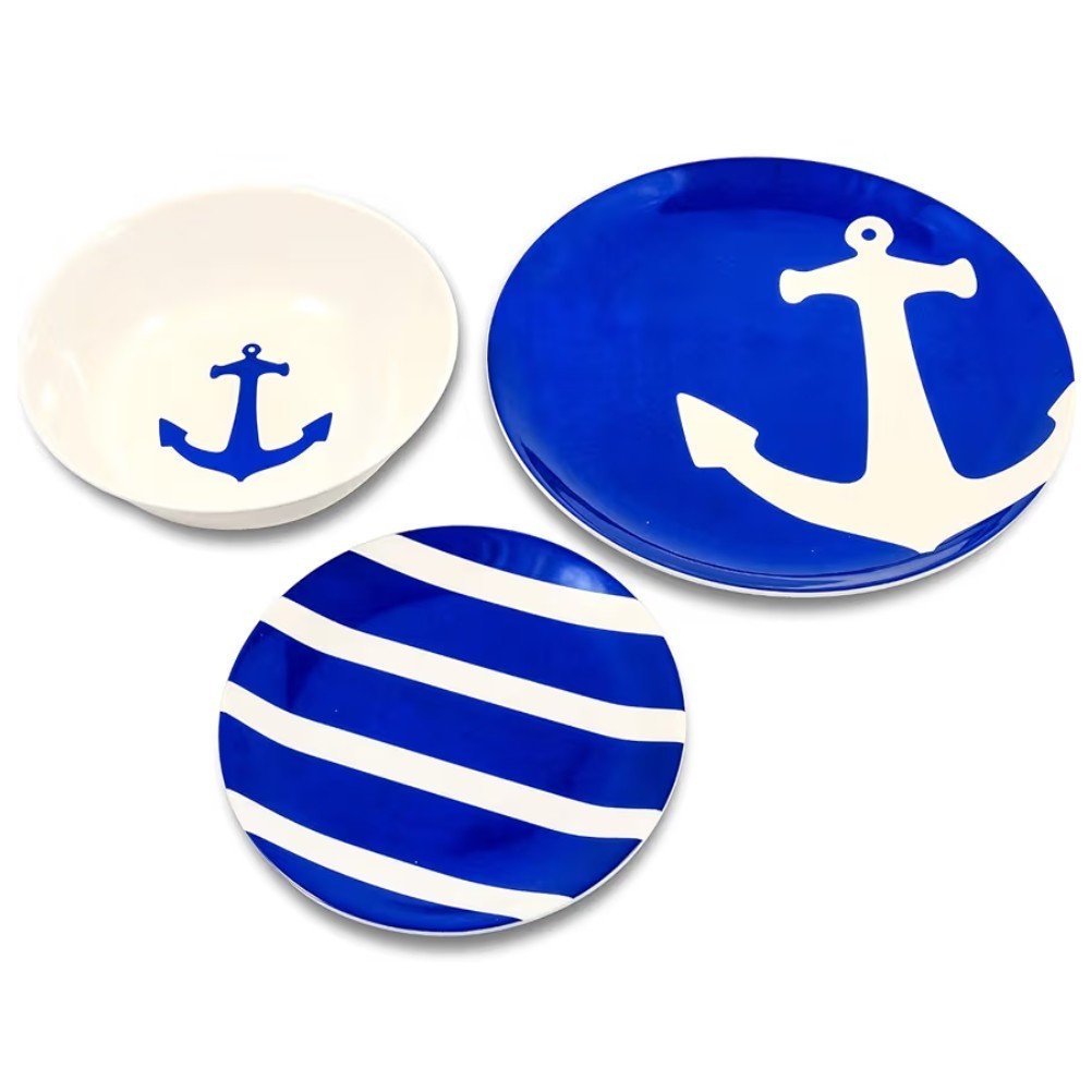 Camco 12-Pc Melamine Dish Set Blue White Nautical 4 Bowls 4 Salad 4 Dinner Plate