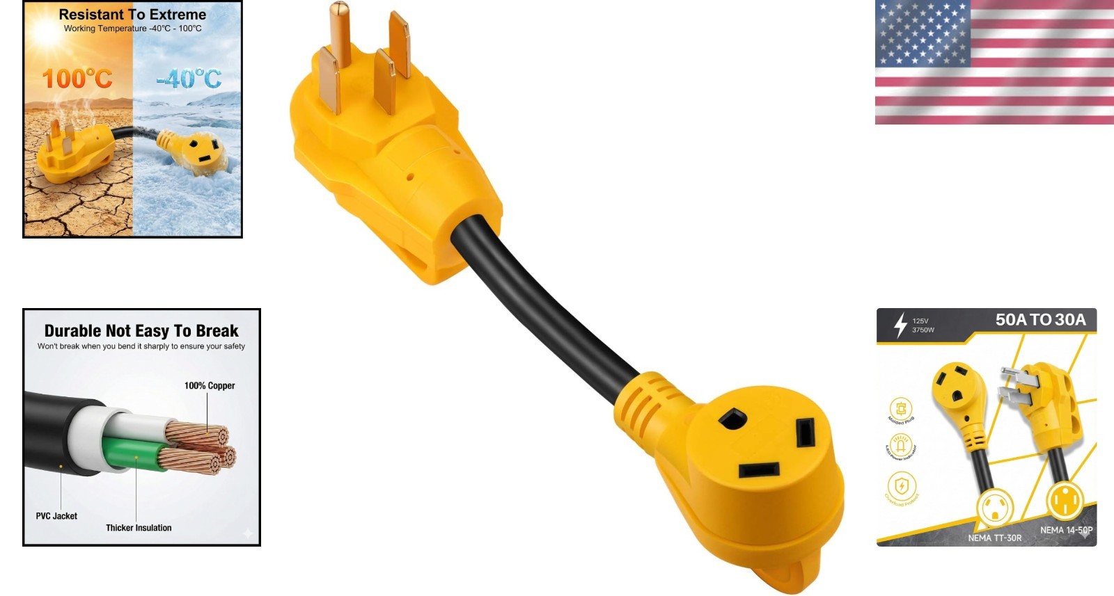50 Amp to 30 Amp RV Adapter – Heavy Duty Dogbone Converter w/ LED Indicator
