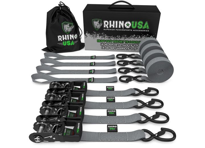 Rhino USA HDKIT-4PK-GRY 1.6″ x 8′ HD Ratchet Tie-Down Set (4-Pack) Gray