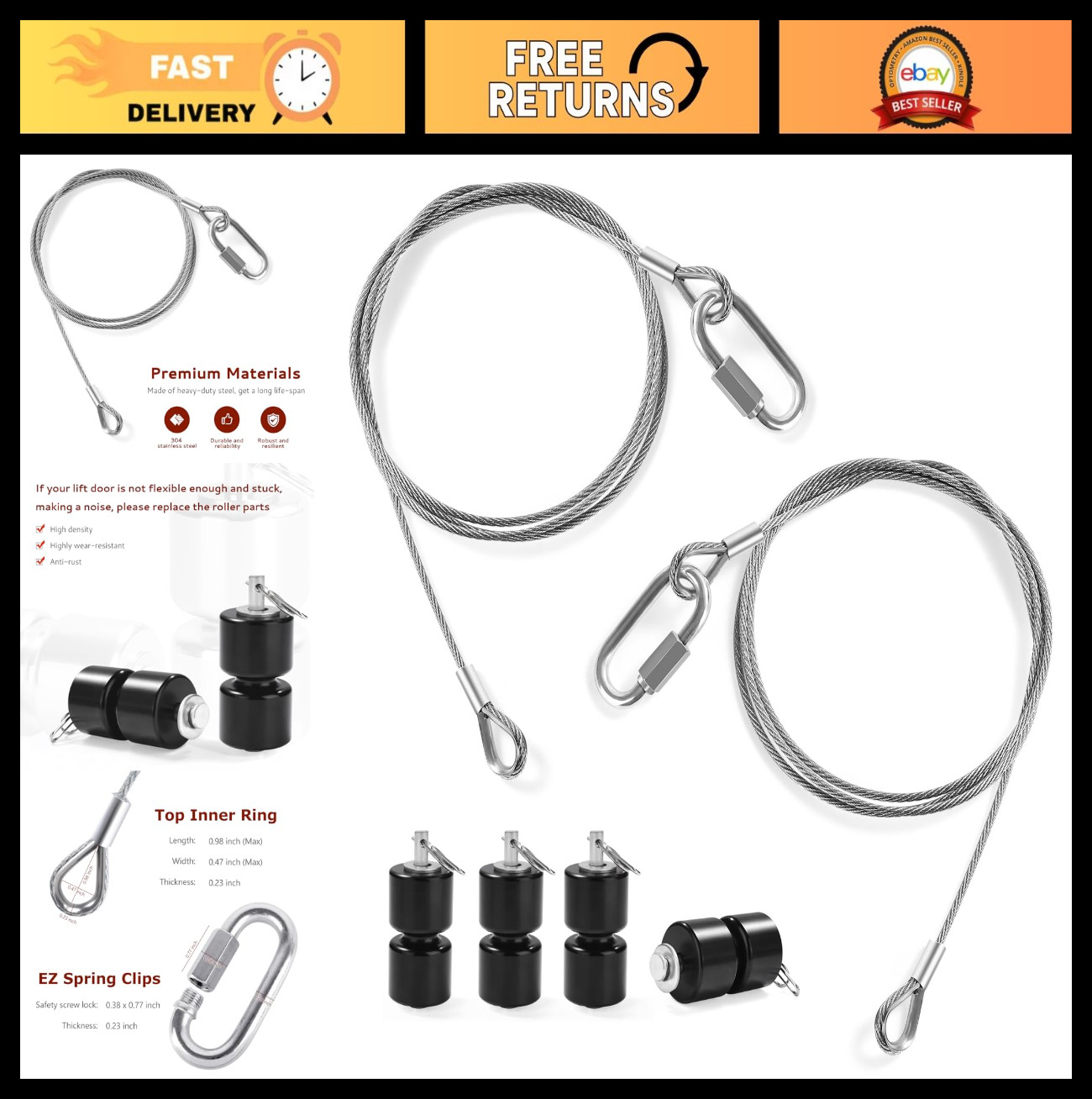 2Pcs Lift Cable for Trailer Gate Assist, EZ Spring Clips & 4Pcs Rollers Pins Was