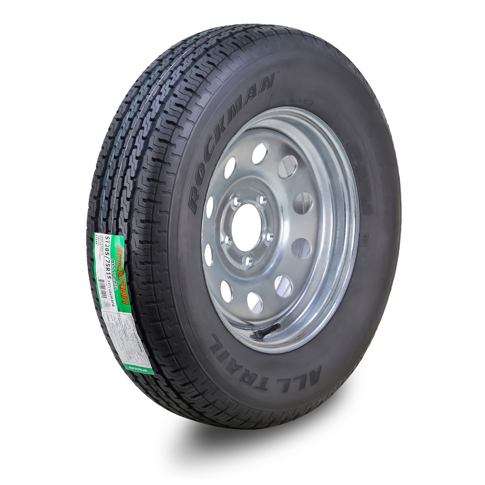 ROCKMAN Trailer Tire & Wheel ST205/75D15 8-Ply D 107M 5×4.5″ Galvanized Mod