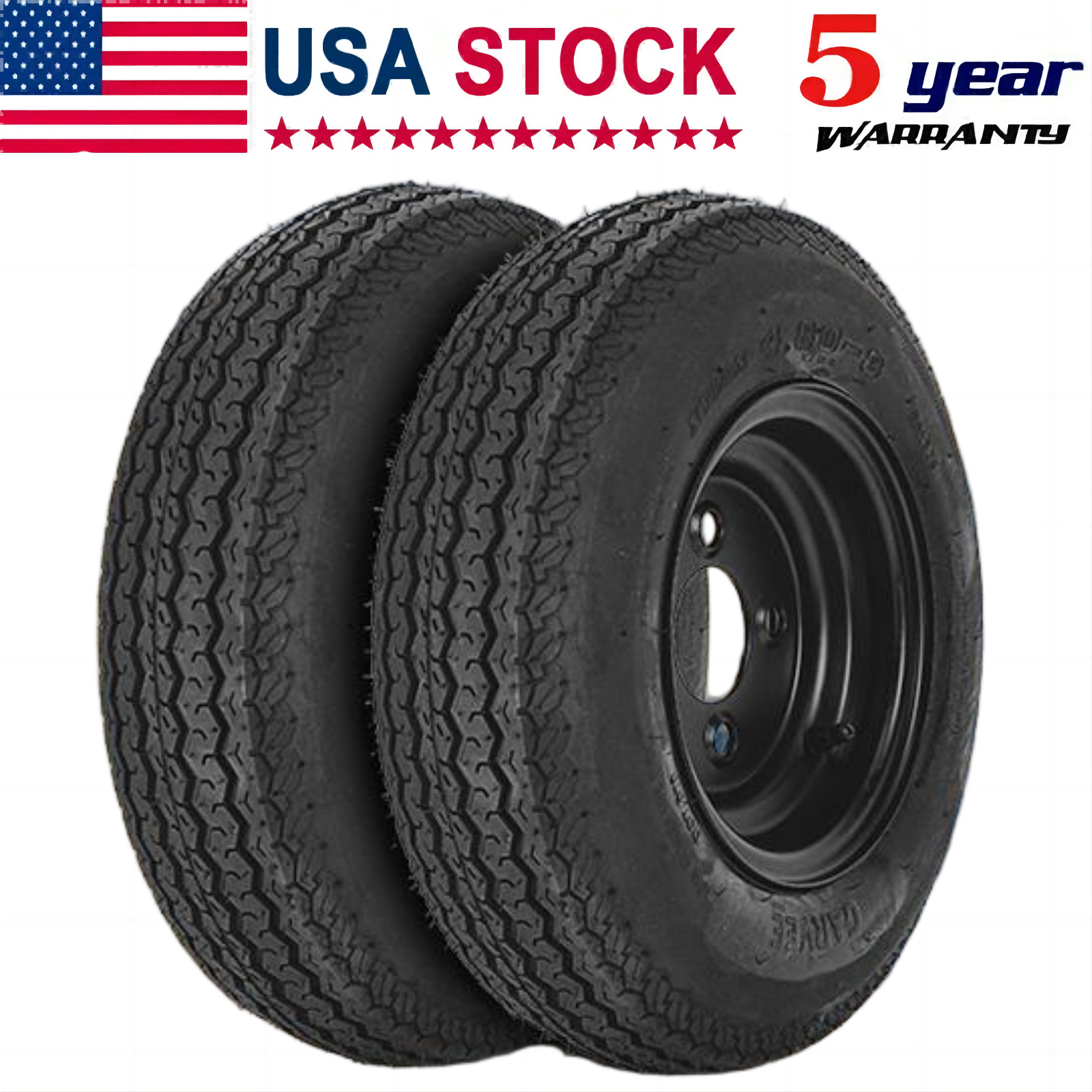 2-Pack Trailer Tire on Rim 4.80-8 480-8 4.80×8 4 Lug W/ 8in Rims Wheels Black