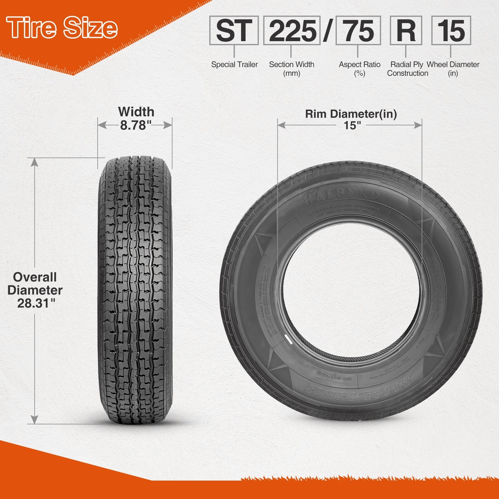 Premium ST225/75R15 Trailer Tire Radial 10Ply 225 75 15 Replacement Tubeless New