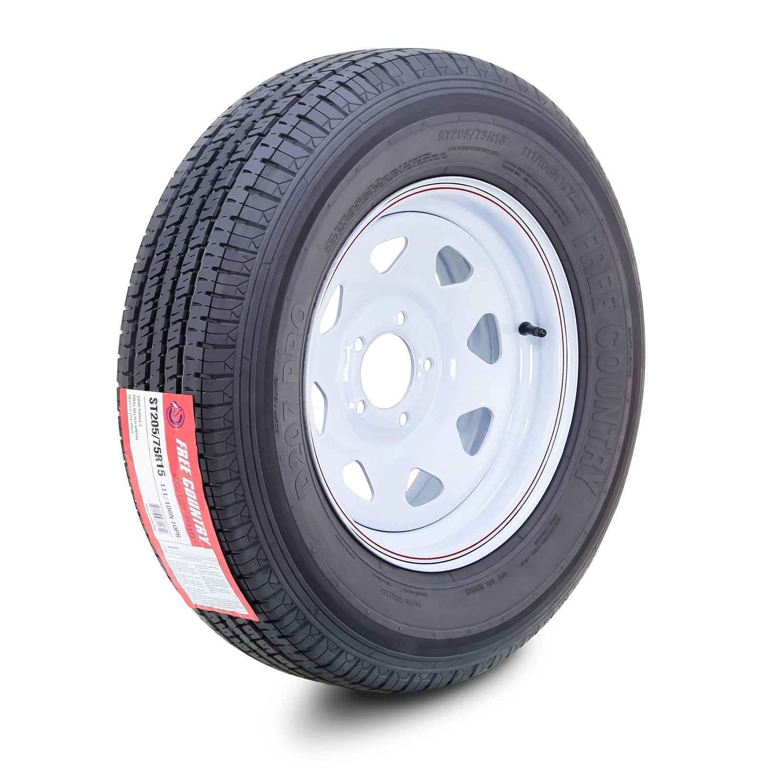 FREE COUNTRY Trailer Tire & Wheel ST205/75R15 10-Ply E w/ 5×5″ White Spoke Rim