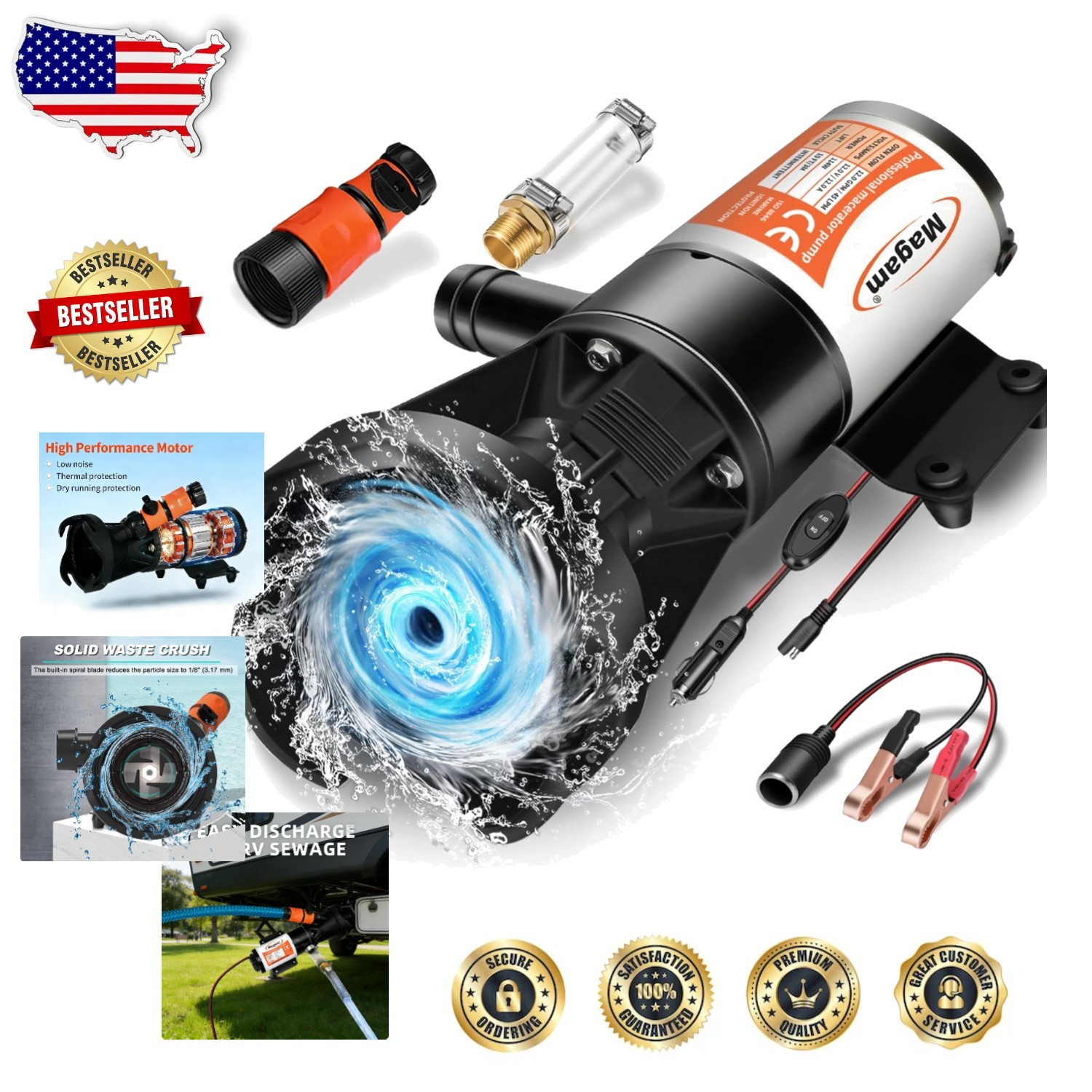 RV Macerator Pump 12V 12GPM, Copper Motor, 10ft Lift, Garden Hose Port, Crushing