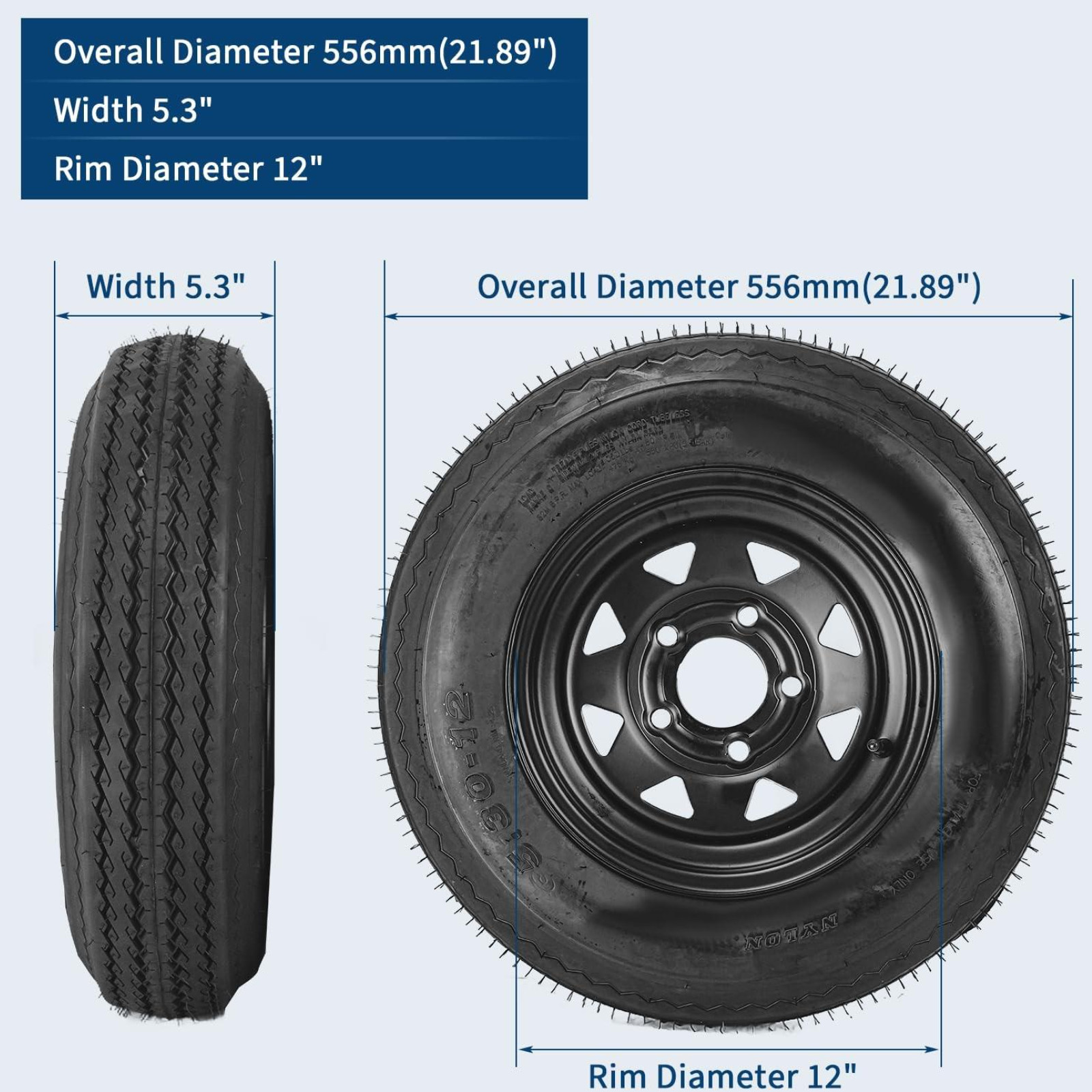 2pcs Trailer Tires On Rims 5.30-12 5.30×12 530 X 12 LRC 5 Lug Black Spoke Wheel