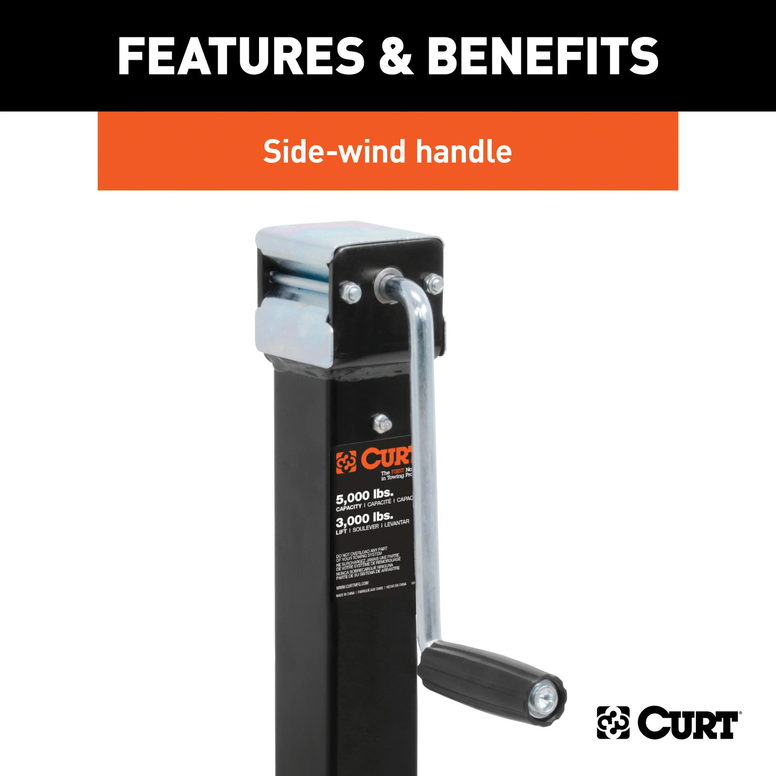 Direct-Weld Square Trailer Jack w/ Side Handle 5K lbs, 15″ Travel 28359 CURT