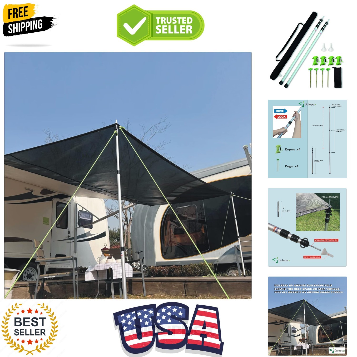 RV Awning Sun Shade Poles. Set of Two, Adjustable Aluminum Rods for RV Awning…