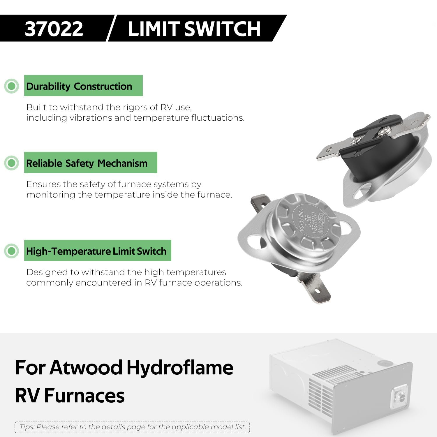 for Atwood RV Furnace Heaters 37022 /36176 High-Temperature 190°F Limit Switch