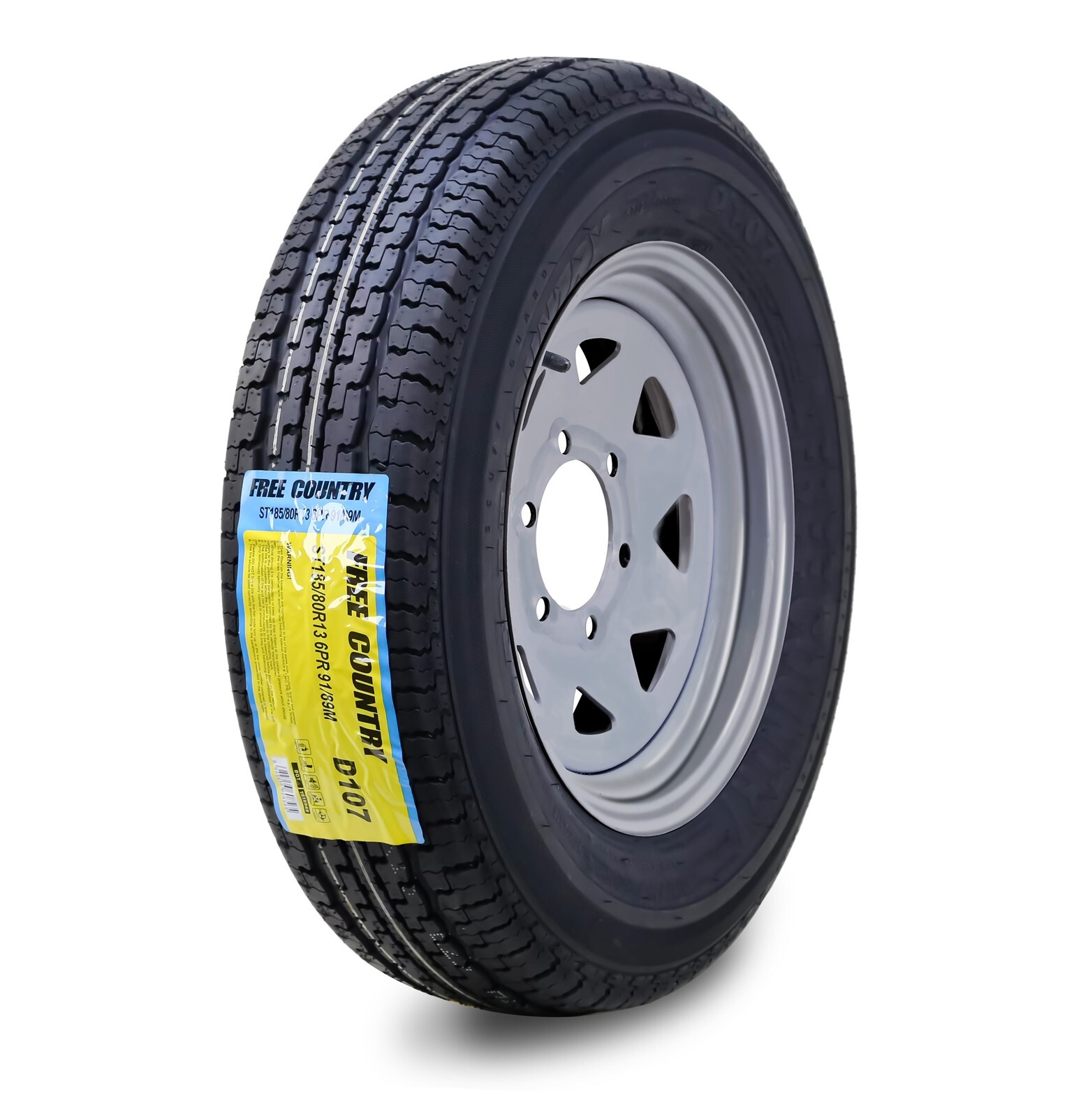 Free Country Trailer Tire Rim ST185/80R13 6-Ply C 94M 5 Lug x 4.5″Silver Spoke