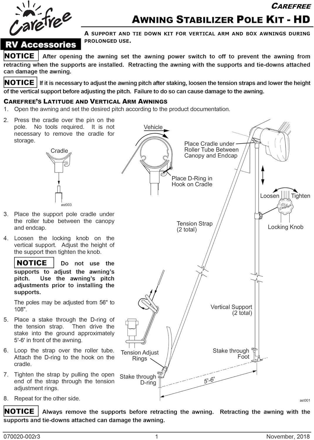 Heavy Duty Awning Stabilizer Pole Kit 108 Inches with Tie Down Accessories