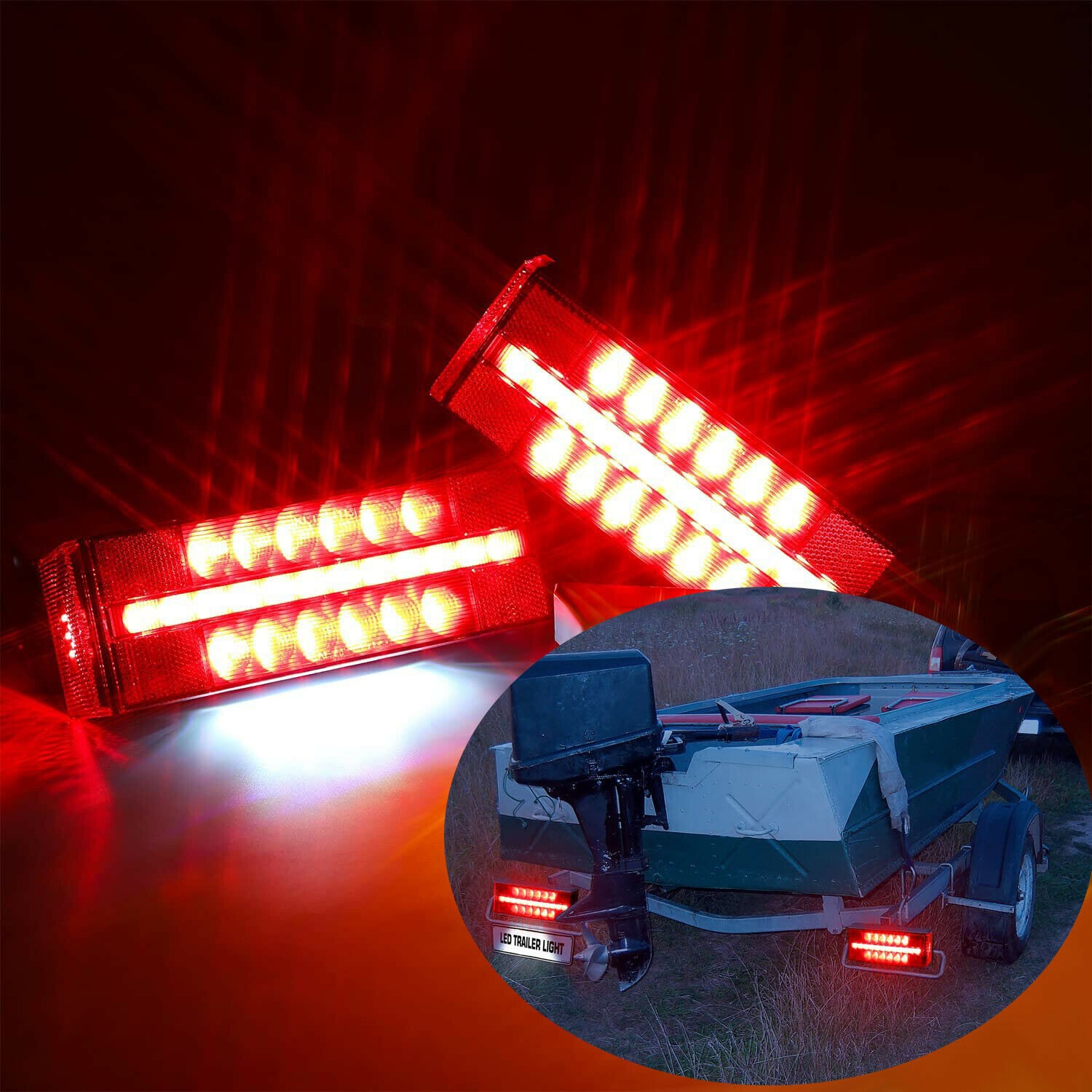 Left + Right LED Red Trailer Boat Rectangle Stud Stop Turn Tail Lights w/ Screws