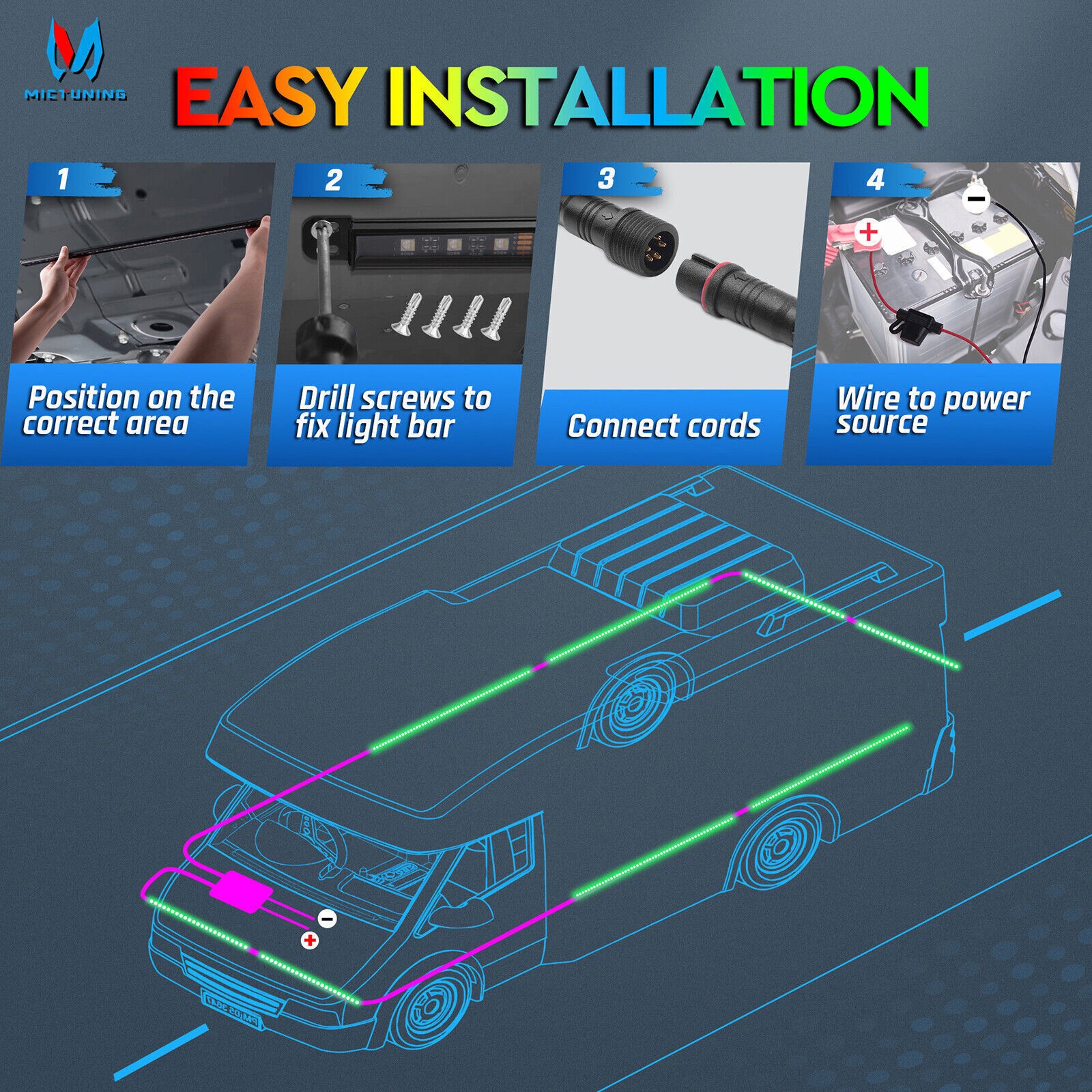 MICTUNING 8PCS RGBW Underglow Light Bars Neon Accent Underbody LED Light strip