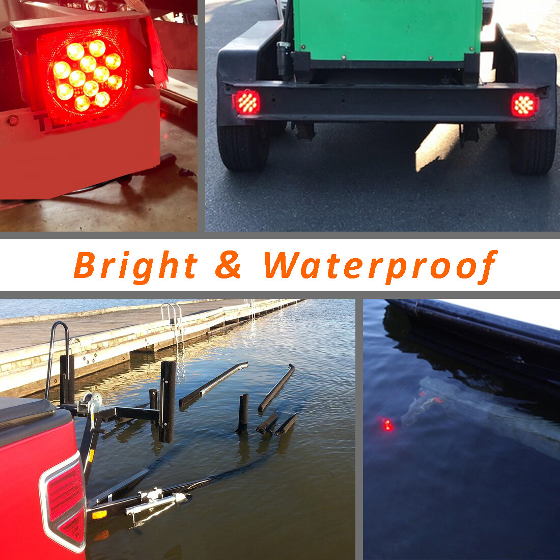 Pair LED Submersible Lights Trailer Under 80″ Tail Brake Boat Stud Mount Square