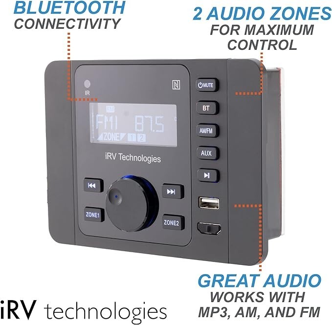 iRV36 Car Stereo with Bluetooth, Wireless RV Radio 2 Zones Wall Mount Car Audio