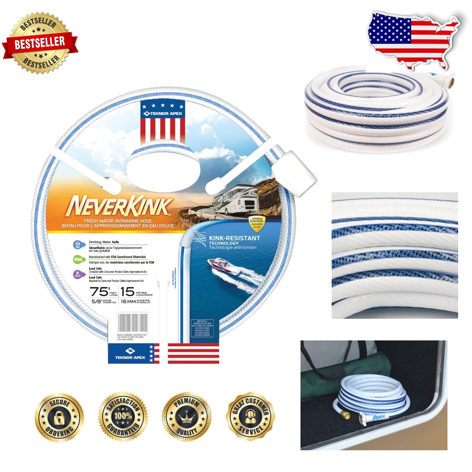Durable 5/8″ x 75′ White RV Marine Hose NeverKink Patented Tech Leak-Proof