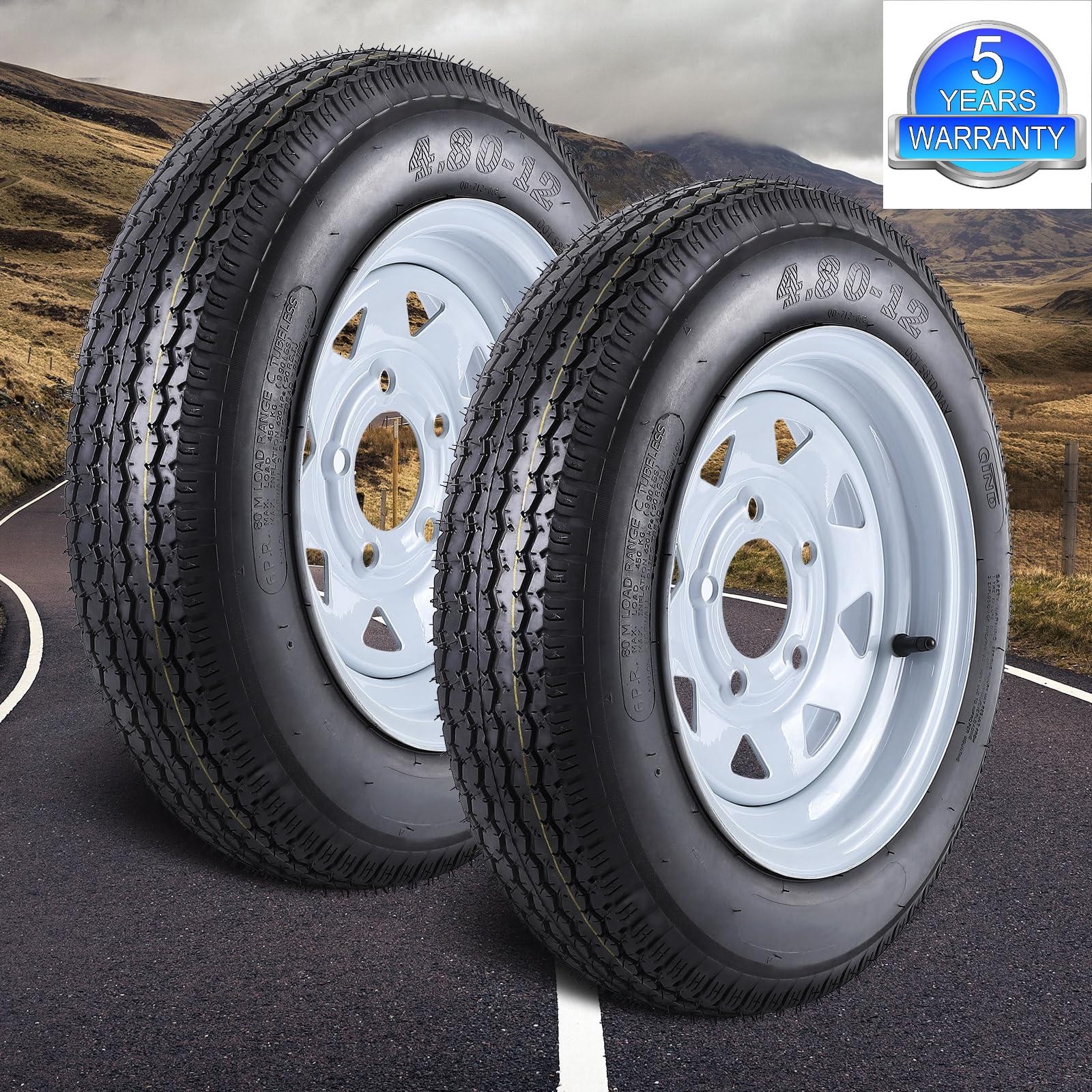 2 Pack 4.80-12 Trailer Tire with 12″ Rim, 5 Lug On 4.5″, Load Range C 990 Pounds