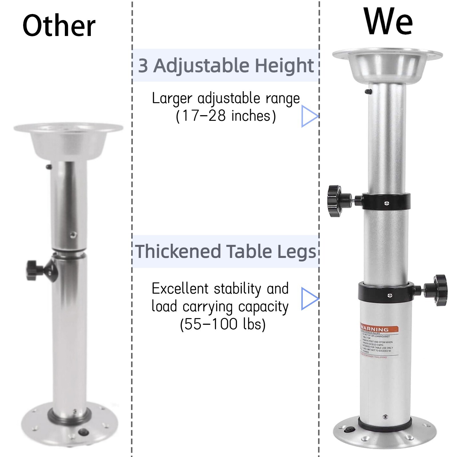 3 Levels Adjustable RV Boat Table Pedestal, Detachable Aluminum RV Table Leg