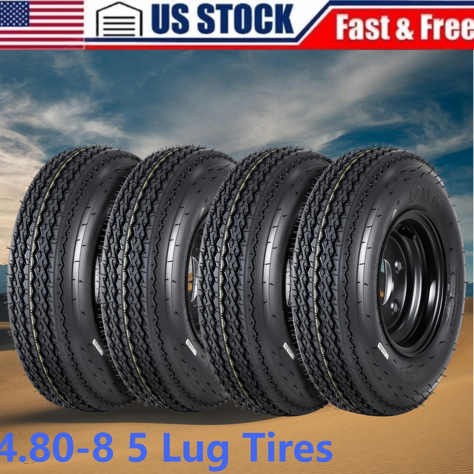 Set of 4 4.80-8 4.80×8 480-8 4.80-8 Trailer Tires with 8″ Rims 5 Lug on 4.5″ 6PR