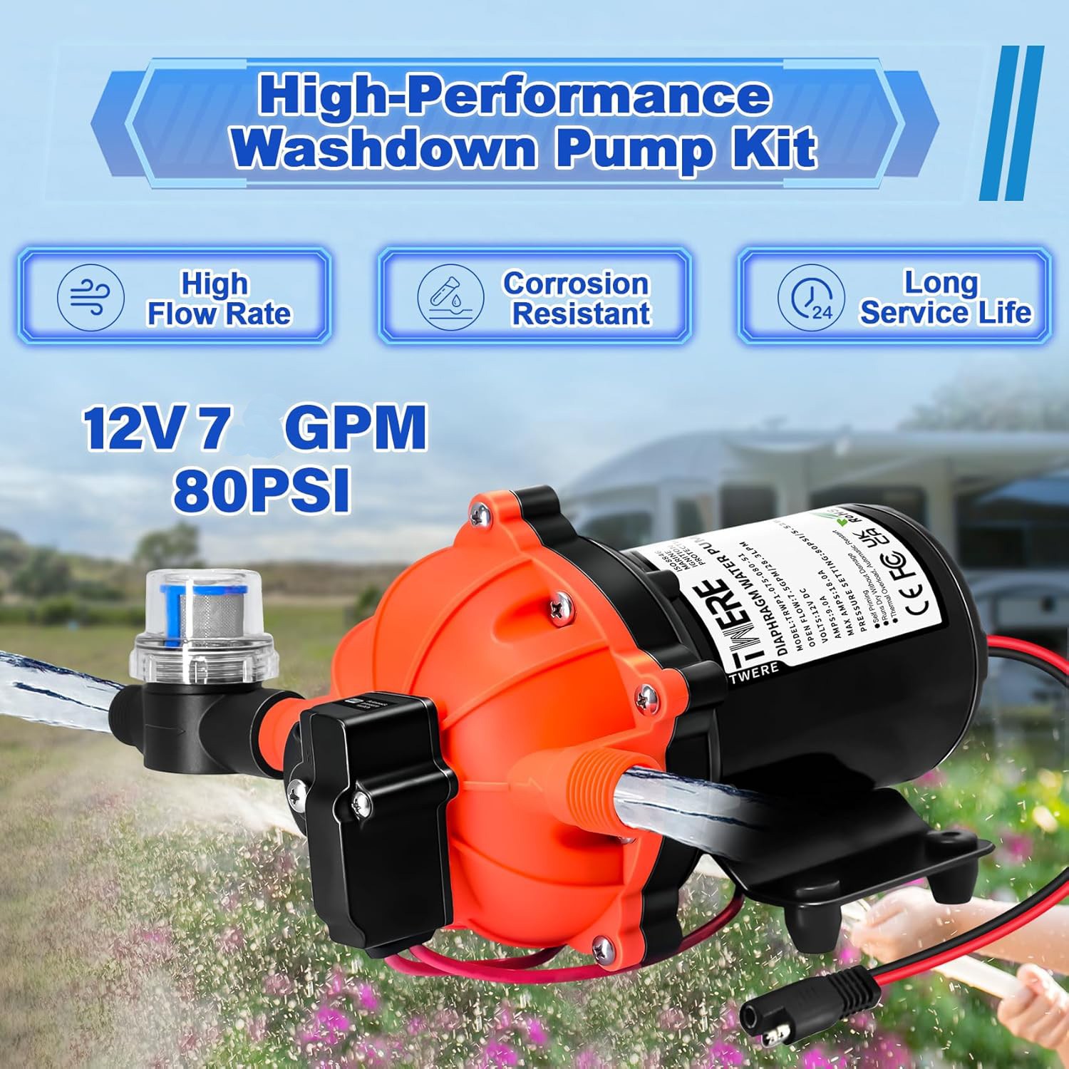 80PSI 7.5GPM Washdown Deck Wash Pump Kit 12V Self-Priming Marine/RV Caravan Boat