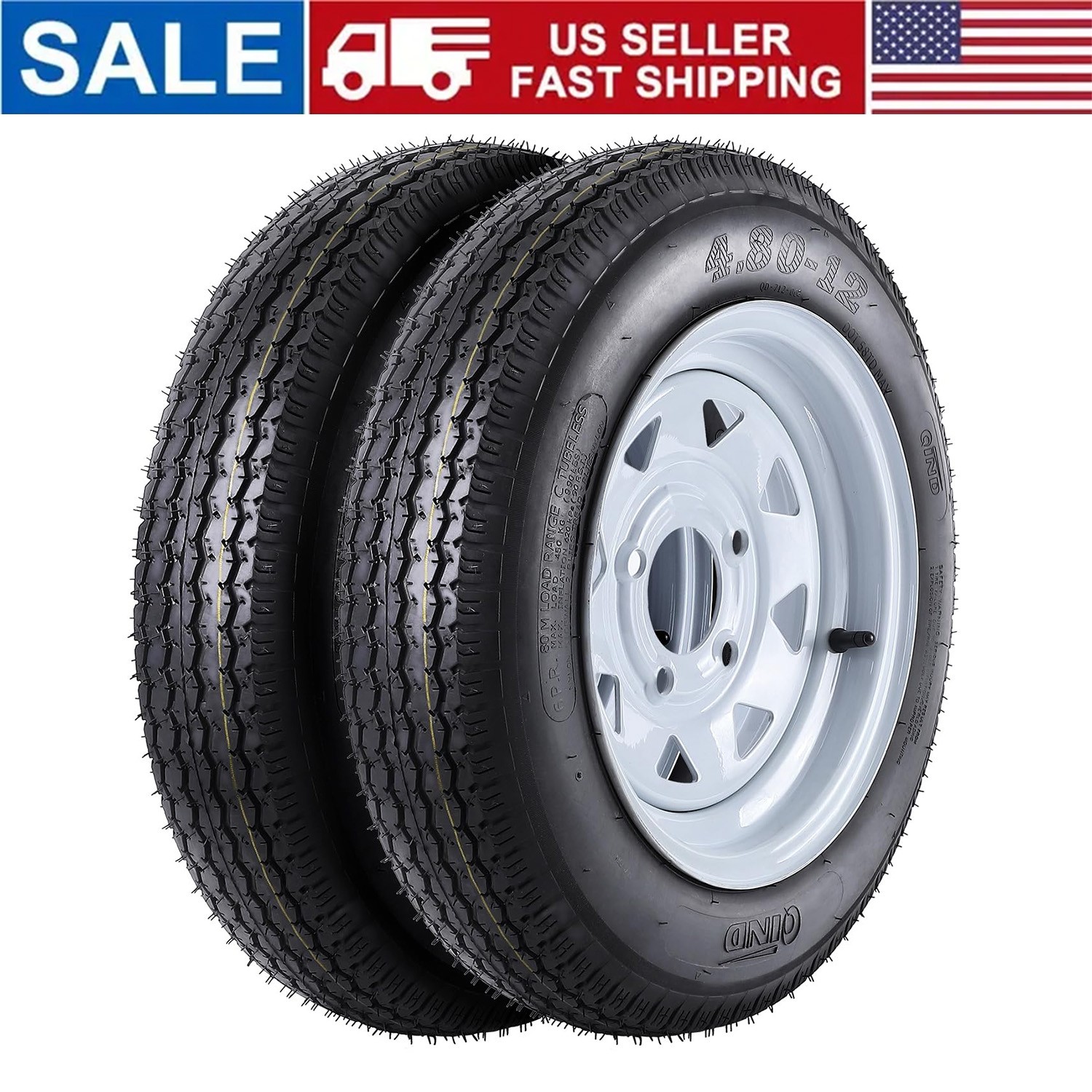 Pack of 2 Trailer Tire & Wheel Assemblies 4.80-12 with 12″ Rims 4 Lug on 4”