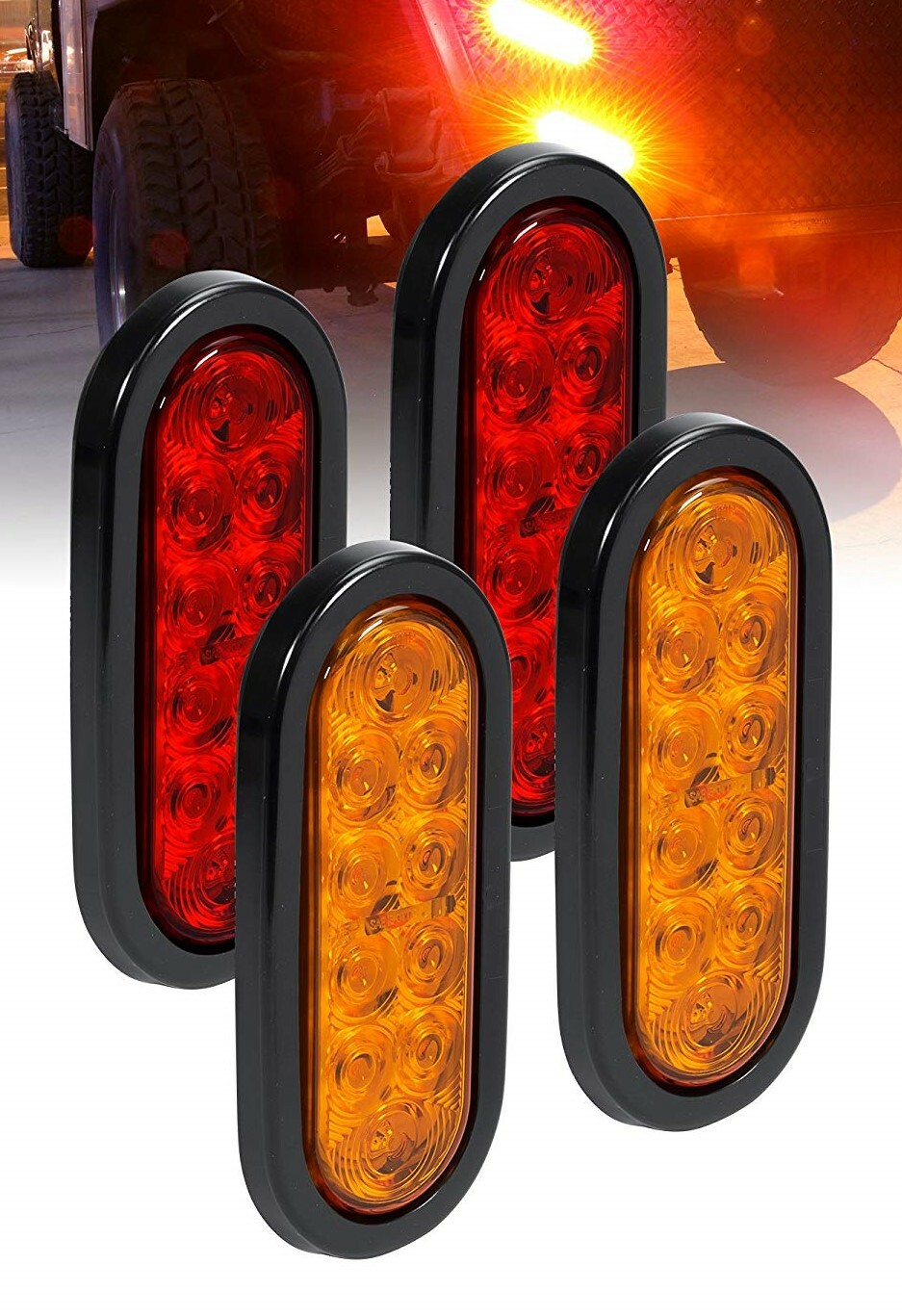 2 Red + 2 Amber Trailer 6″ Oval Truck Lights LED Sealed Stop Turn Tail Marine