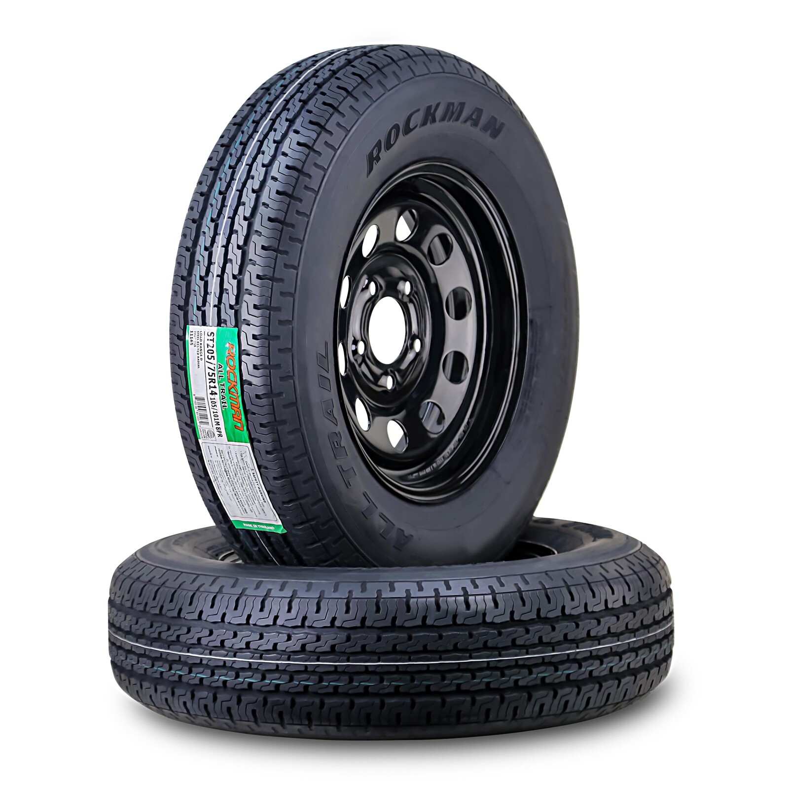 2 ROCKMAN Trailer Tire Rim ST205/75R14 8-Ply D 105M 5 Lug on 4.5″ Black Mod Rim
