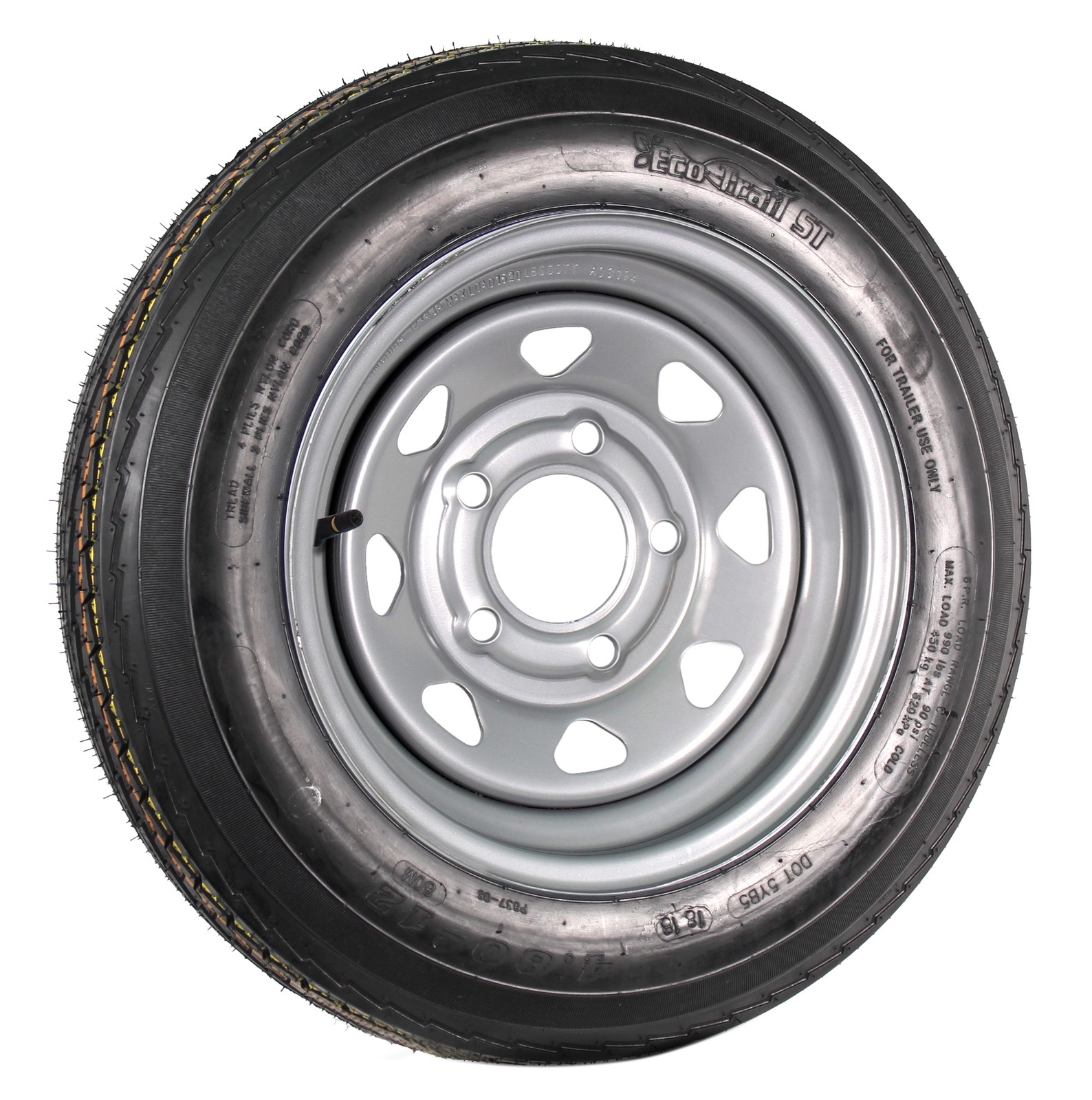 Trailer Tire Rim Assembly 480-12 4.80-12 12 Inch LRC 5 Lug Silver Spoke Wheel