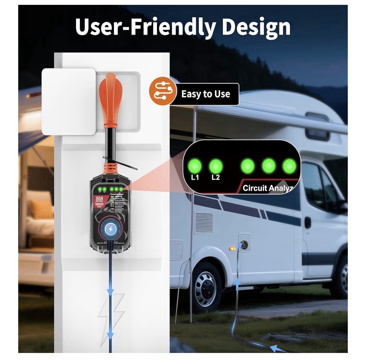 18000J 50A RV Surge Protector with Circuit Analyzer Waterproof Cover Orange