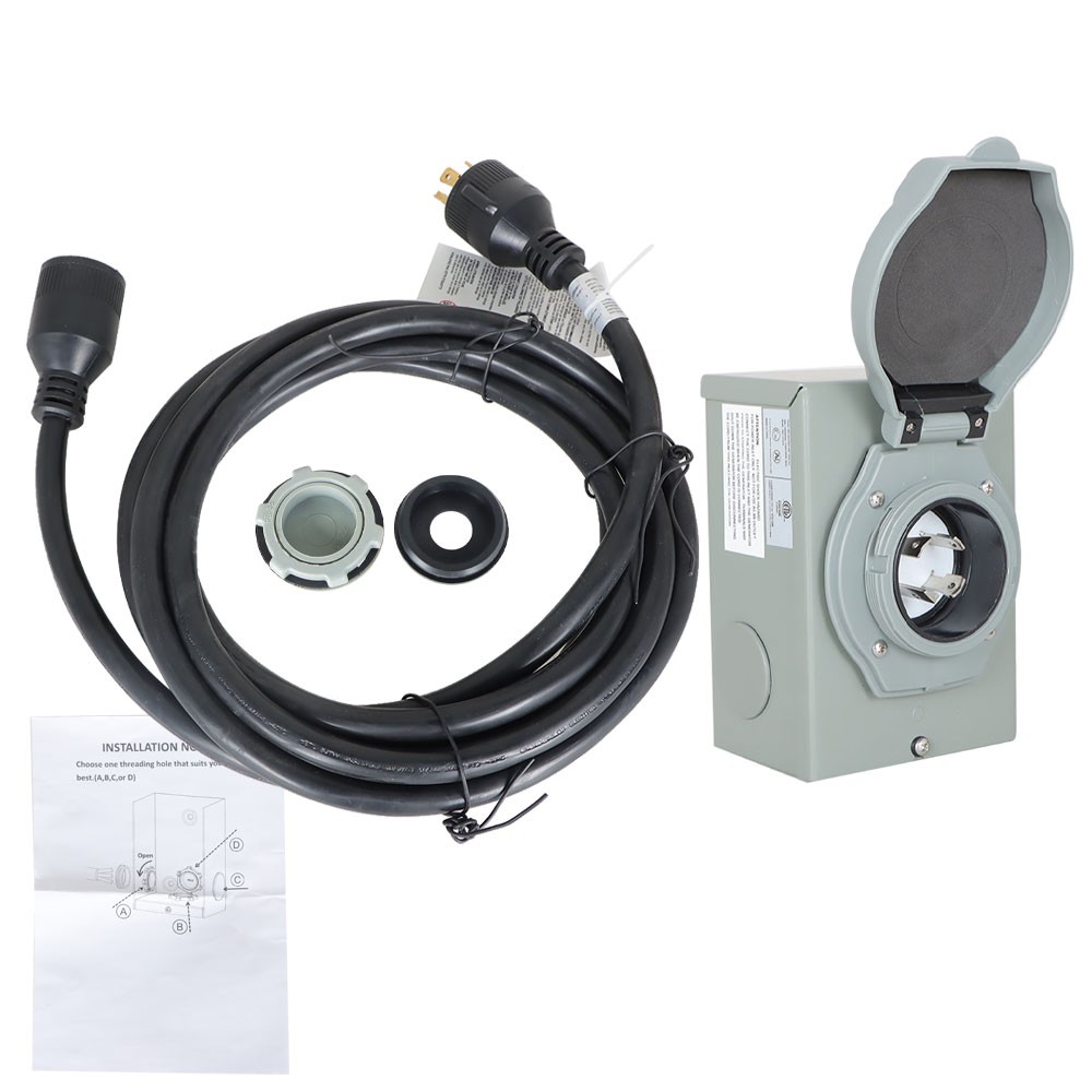 30Amp 15Feet Generator Inlet Box + Extension Cable Combo NEMA L14-30P to R