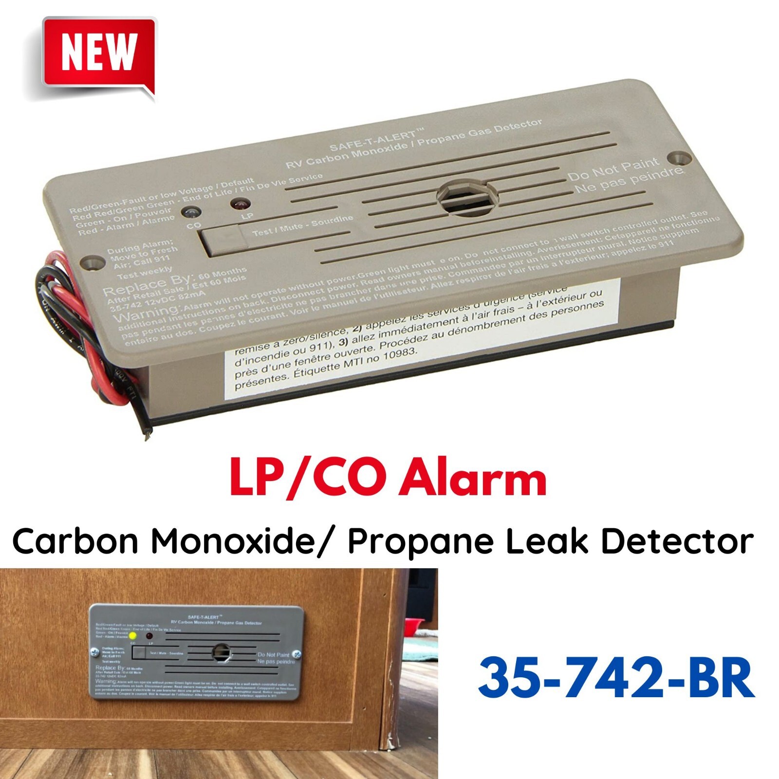 CO/Propane Detector Replacement Rv Lp Gas Alarm Camper Travel Trailer 35-742-BR