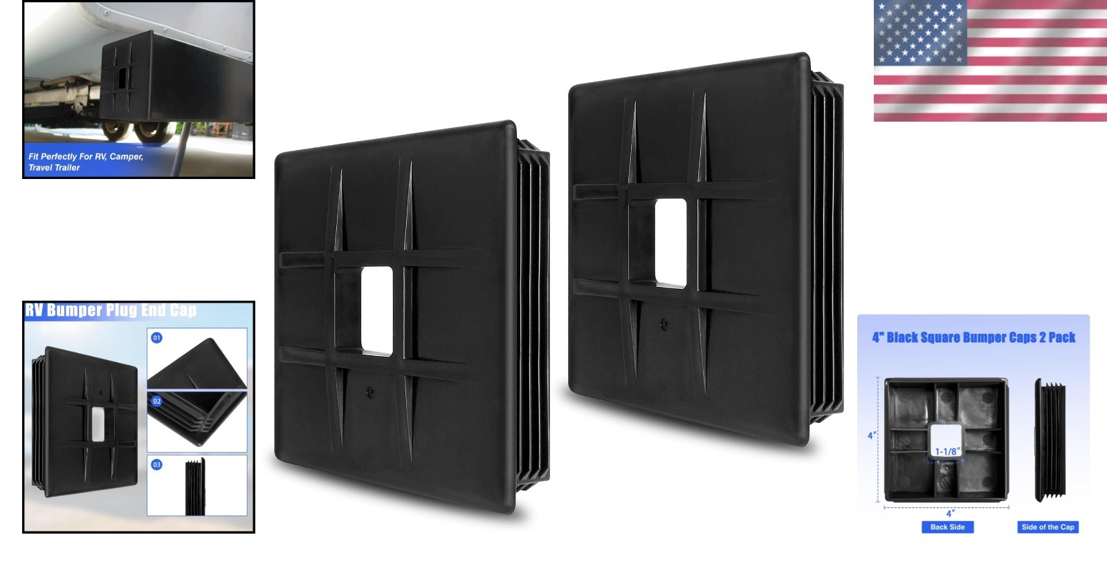 4″ Black Square RV Bumper Caps – Durable End Cap for Secure Sewer Hose Storage