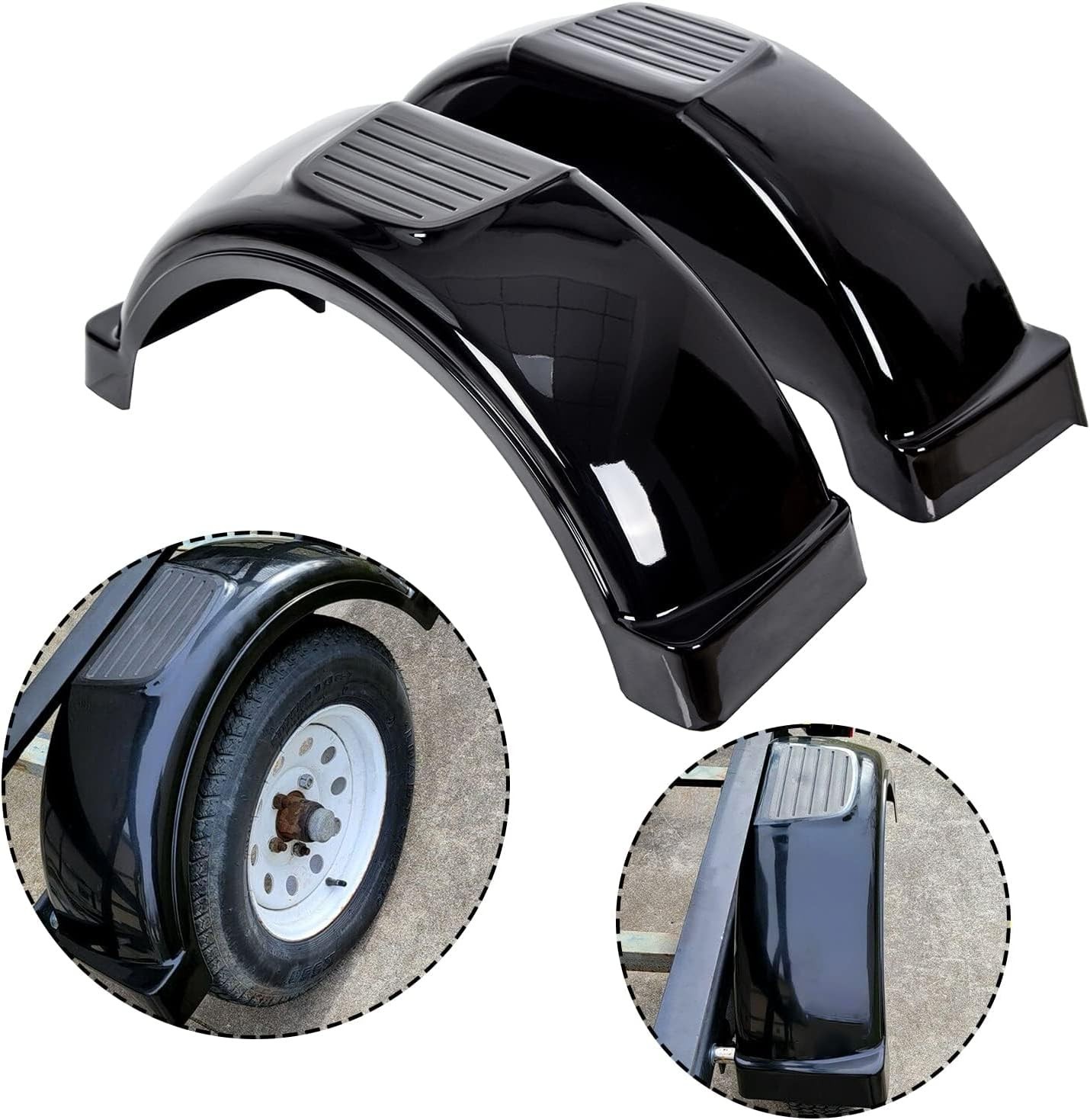 2 Pcs Trailer Fenders w/Steps for 13 Inch Wheels Single Axle Black Plastic Heavy