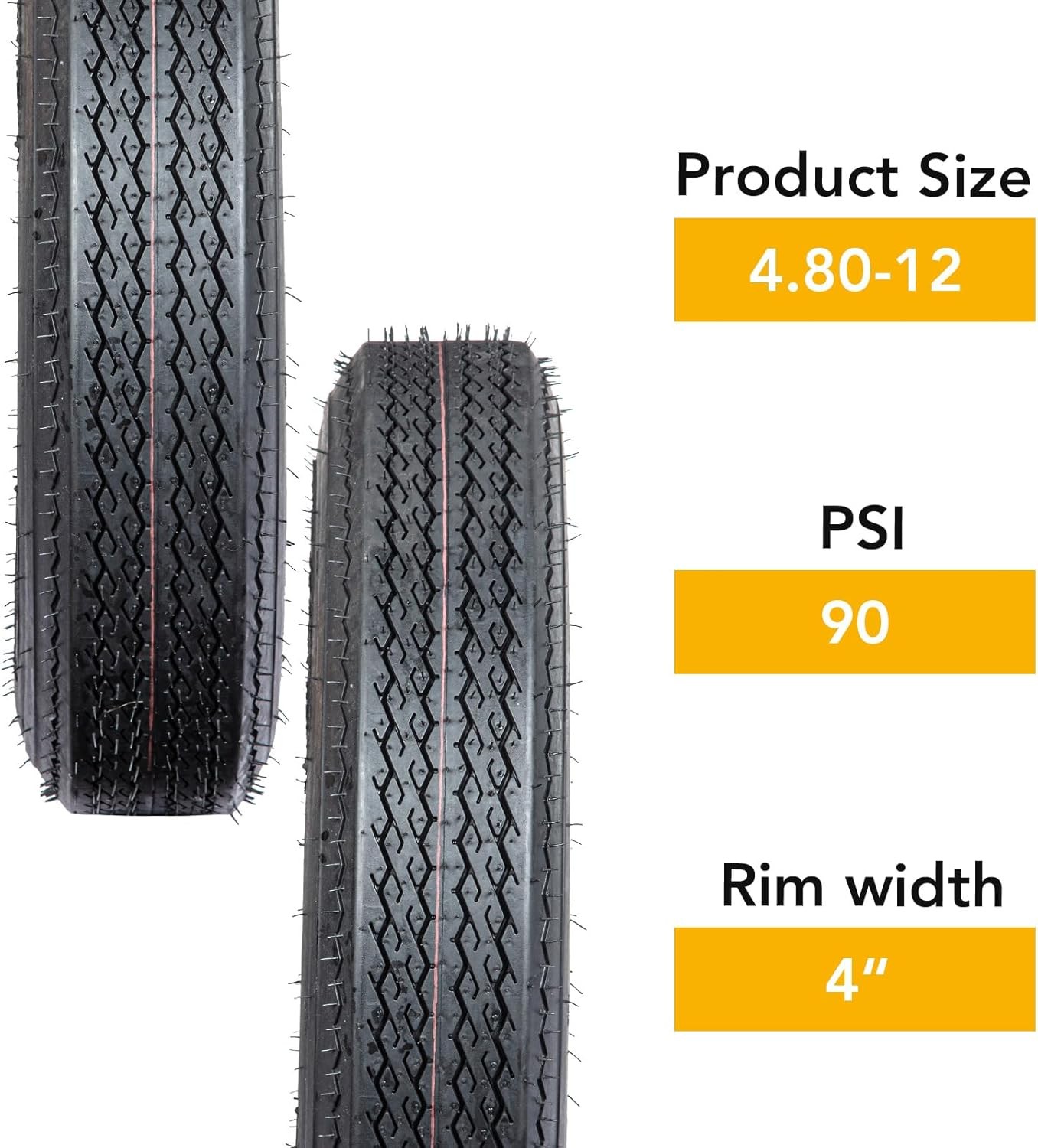 Set of 2 4.80-12 Trailer Tires 6PR Load Range c, Max Load 990 LBS 90 PSI, Noise-