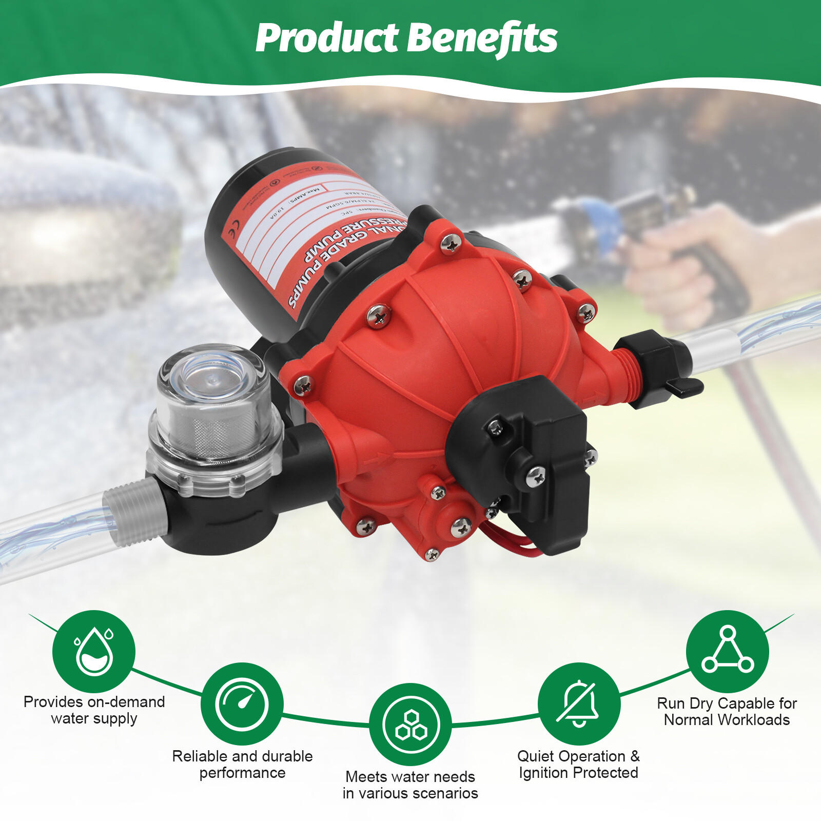 12V RV Water Pump 6.5GPM 70PSI 5-Chamber Diaphragm Pump Self-Priming Pump Boat