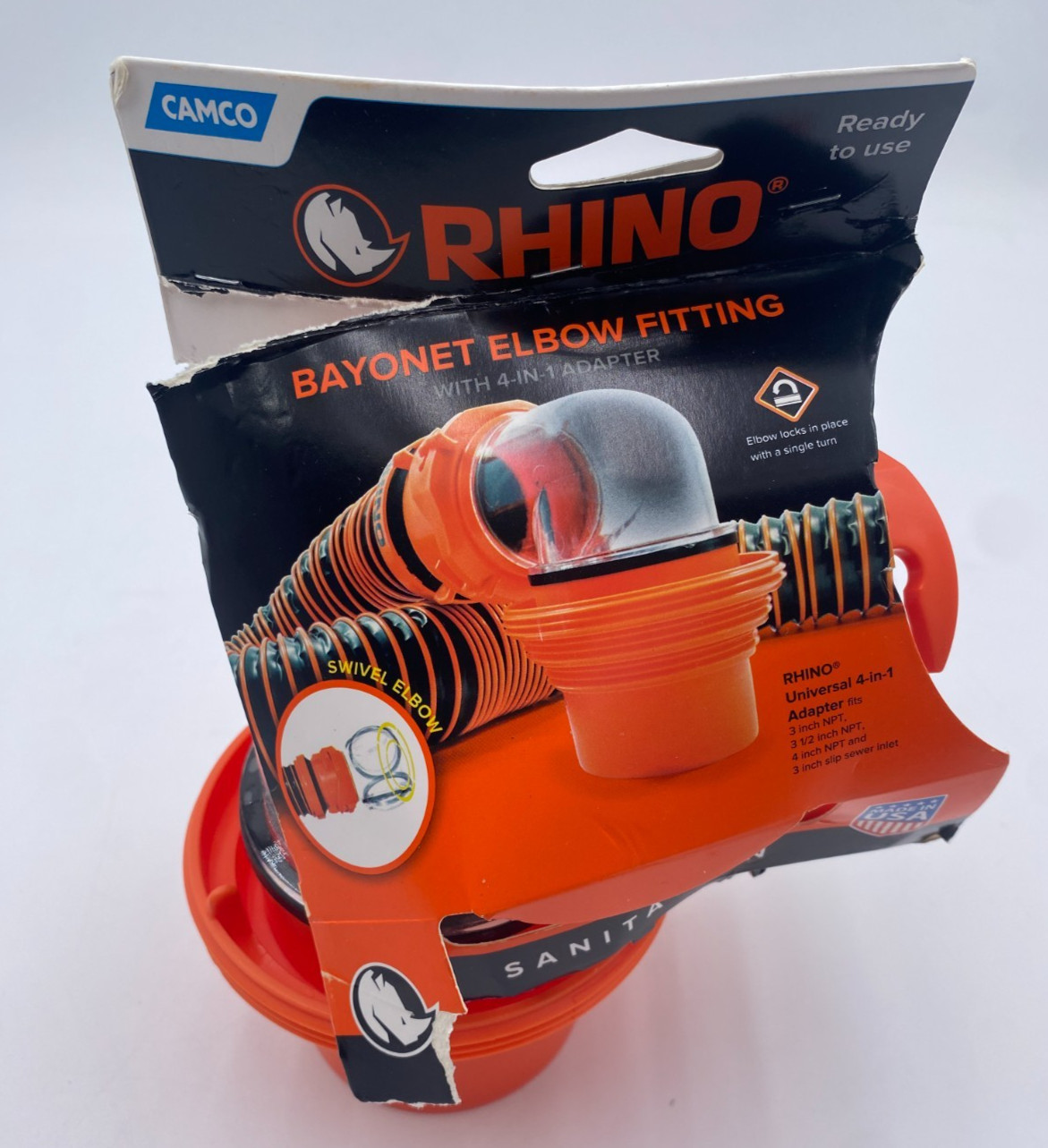 Camco Rhino Bayonet Clear Elbow Fitting with 4-in-1 Adapter