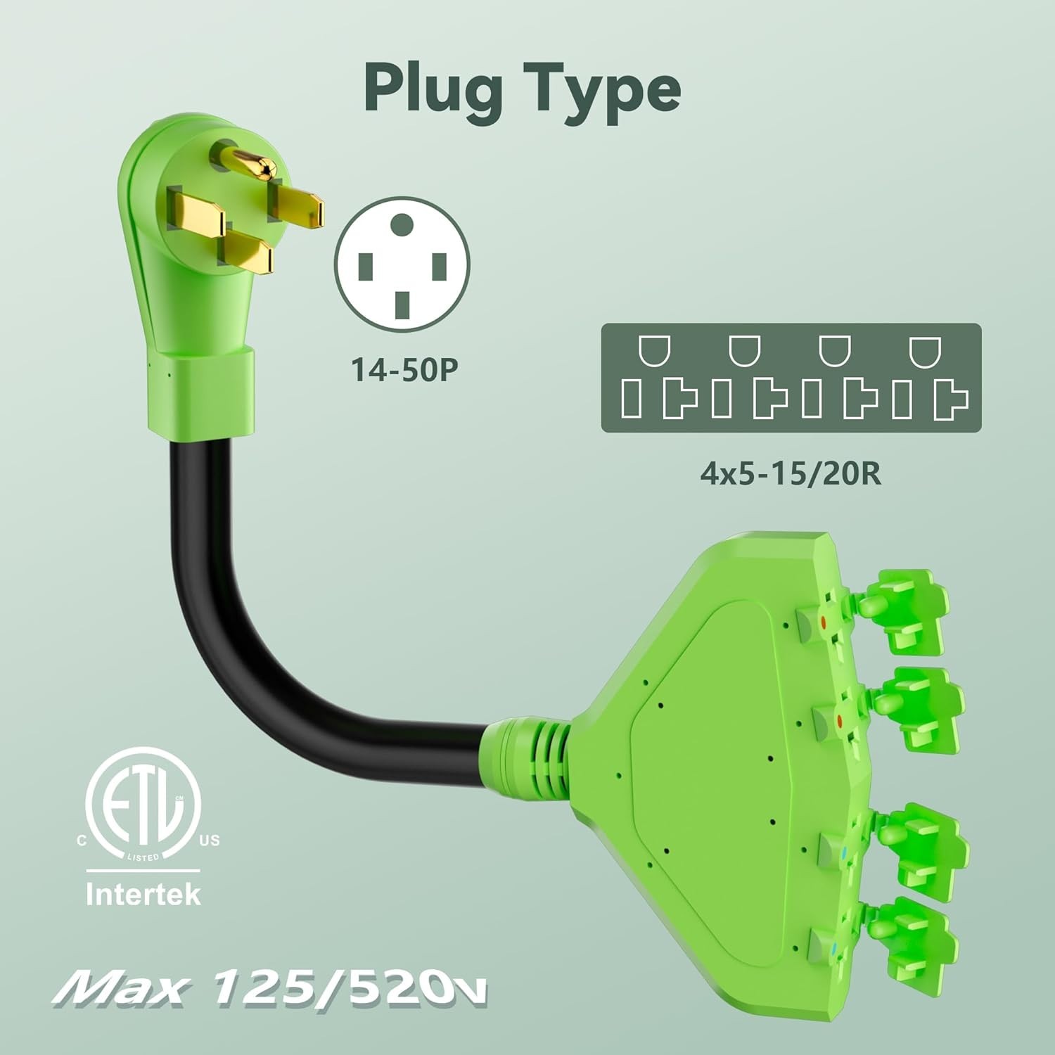 50 Amp to 20 /15 110V RV Adapter, NEMA 14-50P 4X 5-15R/5-20R Green