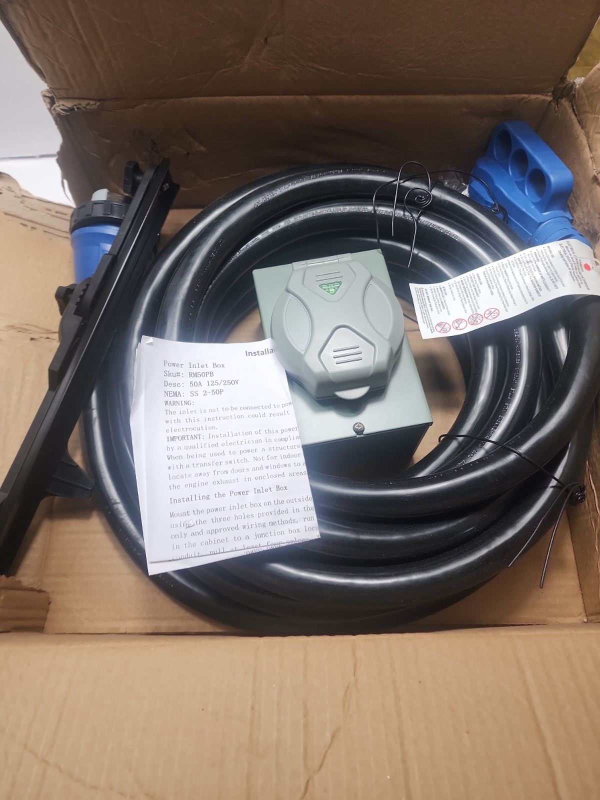 50 Amp Generator Cord 30FT and Pre-Drilled Power Inlet Box Waterproof Combo Kit