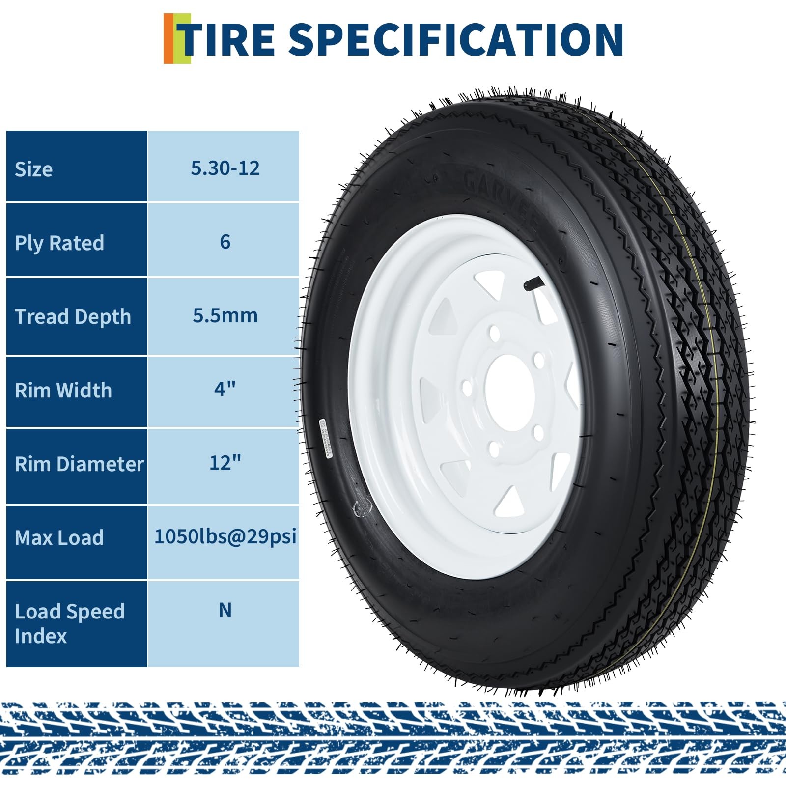Set of 2 Trailer Tire On Rim 5.30-12 530-12 5.30×12 Tires 5 Lug White Wheels 6PR